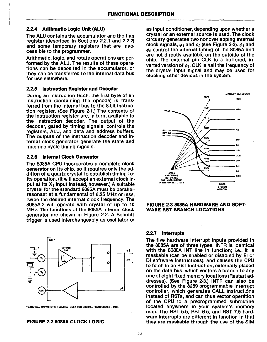 Intel MCS-80/85 manual ·38085A Hardware and SOFT· Ware RST Branch Locations, ·28085A Clock Logic 