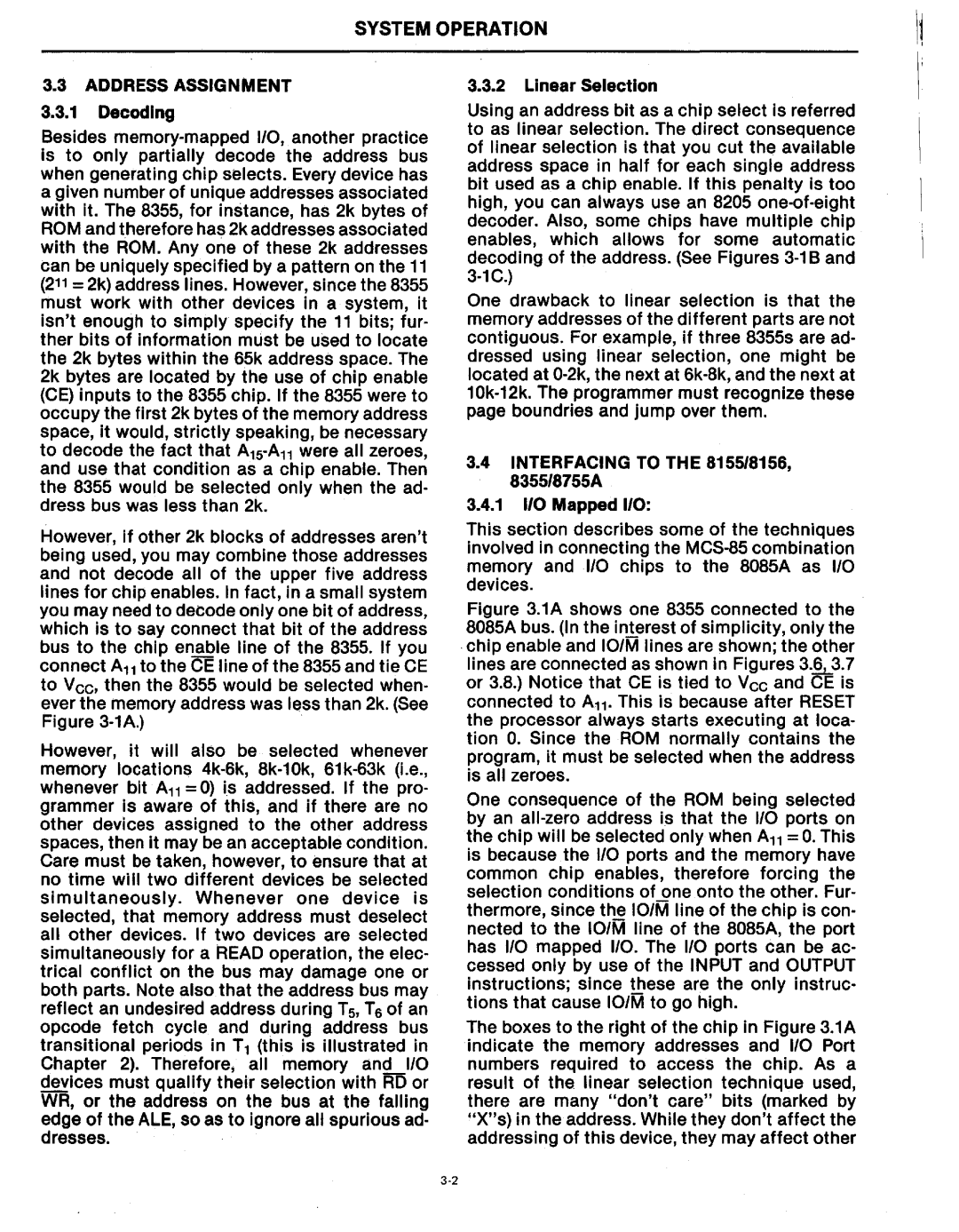 Intel MCS-80/85 manual System Operation, Address Assignment 