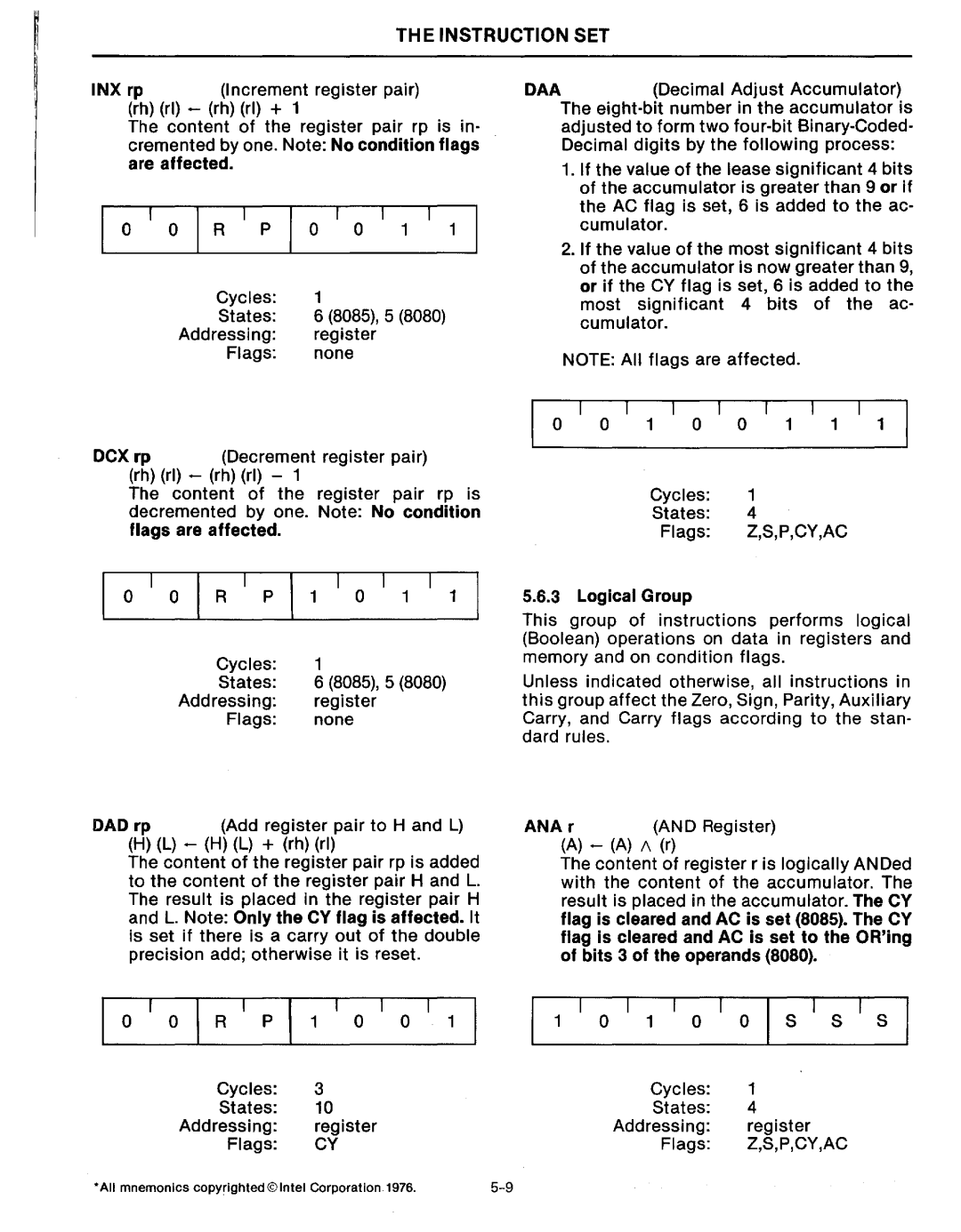 Intel MCS-80/85 manual Daa, r, 00 0 S S S 