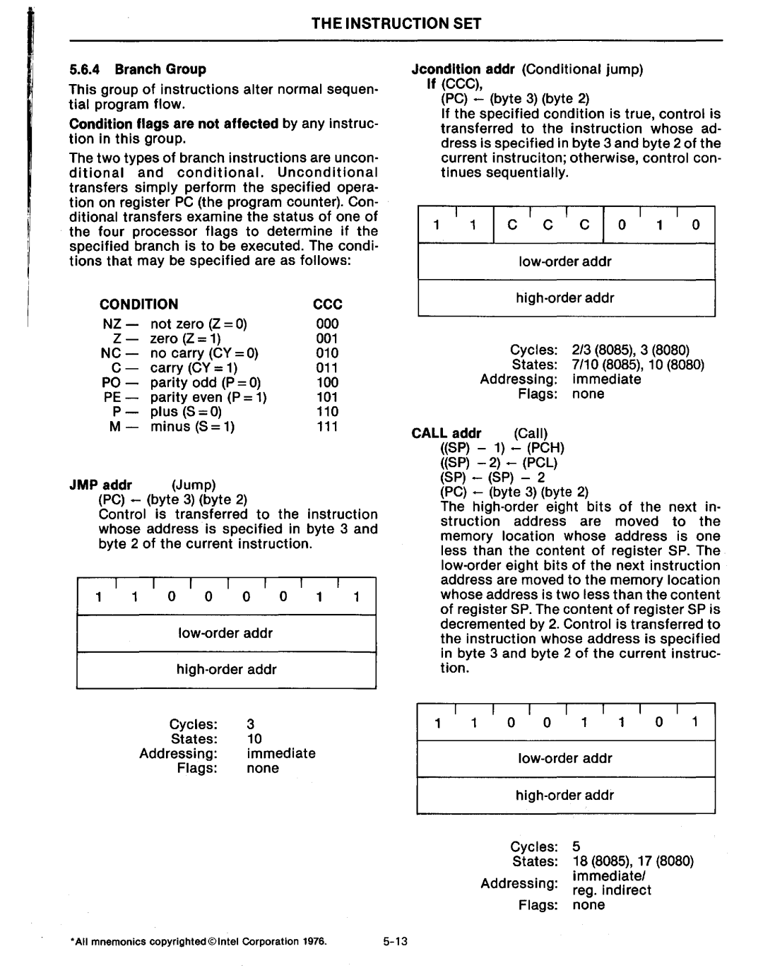 Intel MCS-80/85 manual Condition 