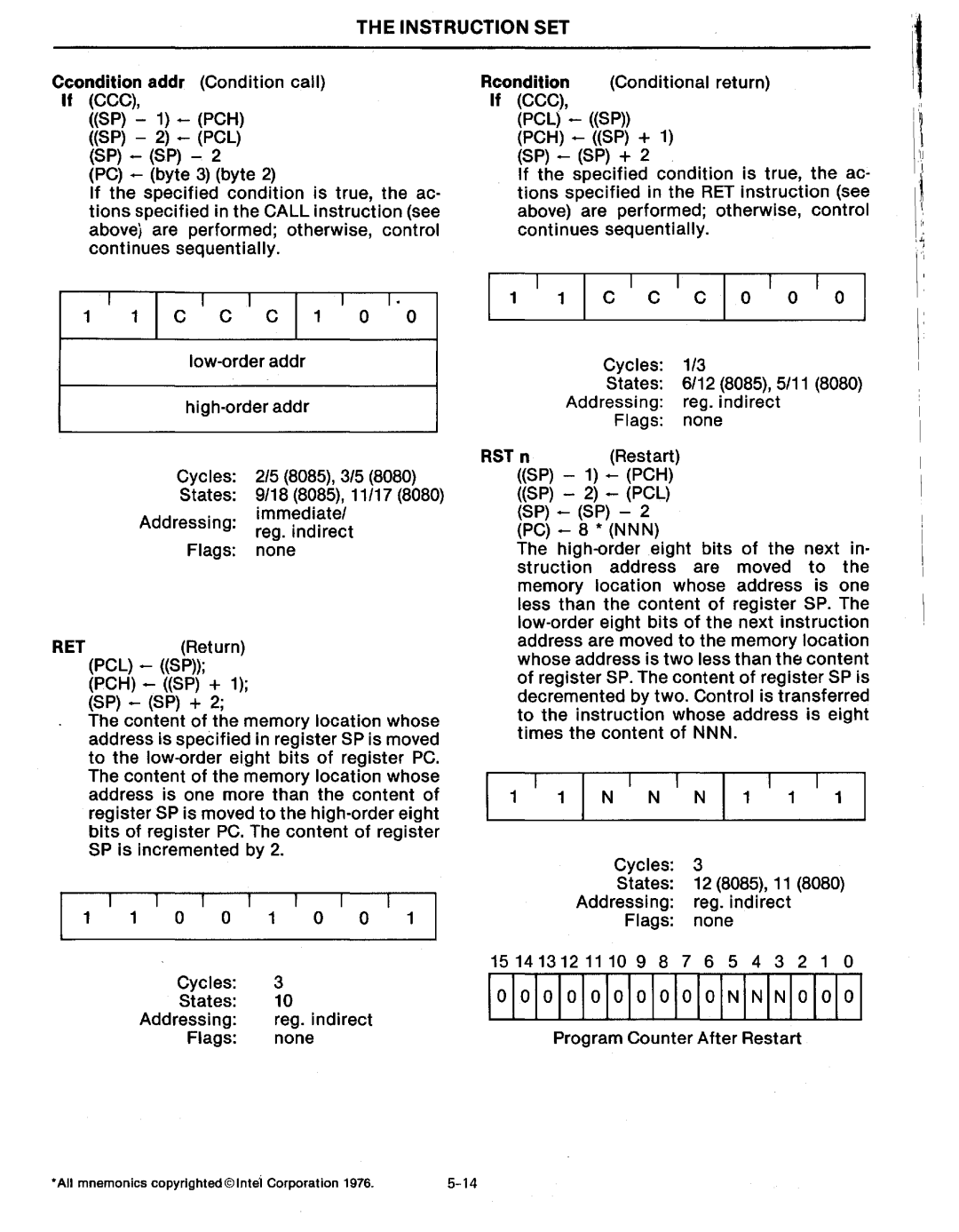 Intel MCS-80/85 manual Cycles 2/5 8085,315 States 9/18 8085, 11/17, «Sp 