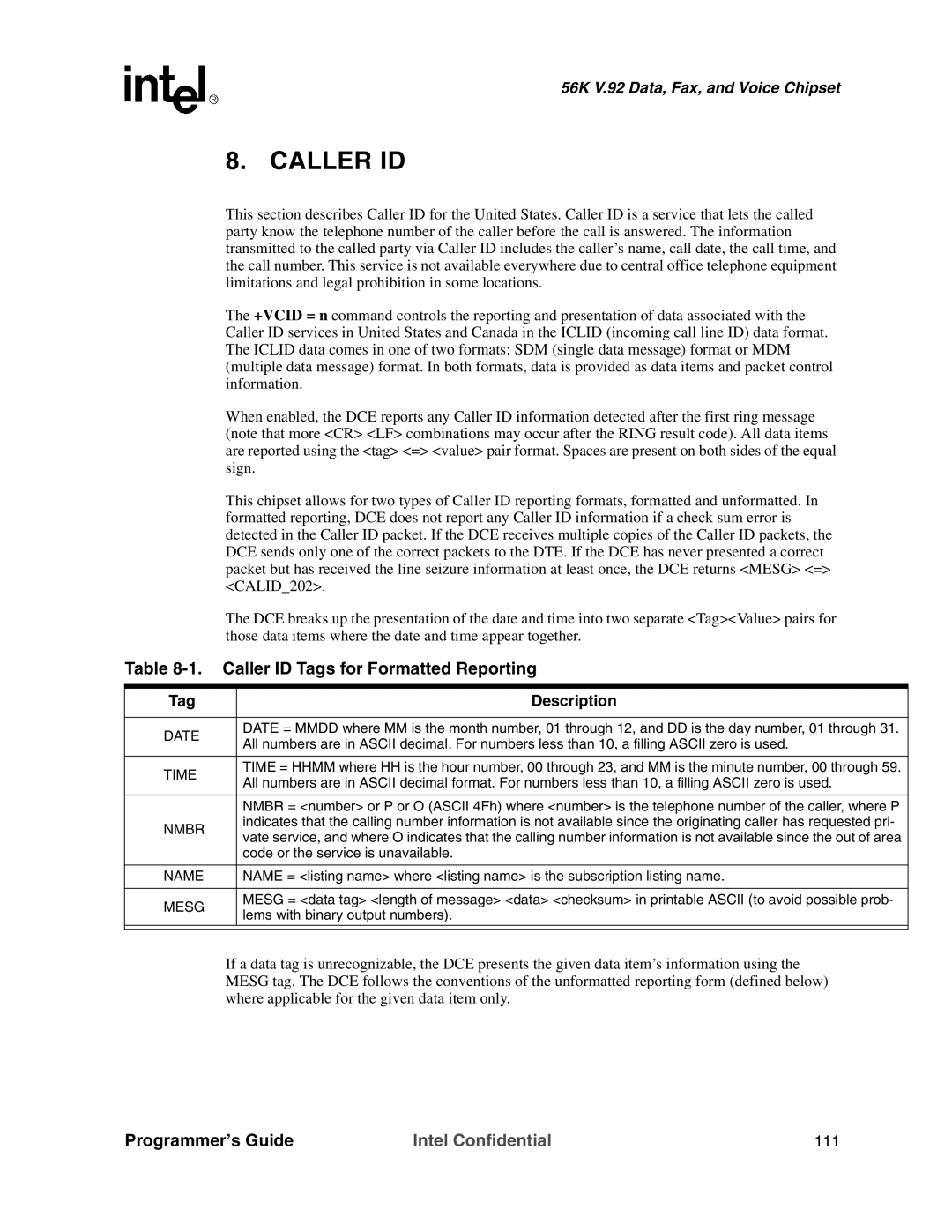 Intel MD566X manual Caller ID Tags for Formatted Reporting 