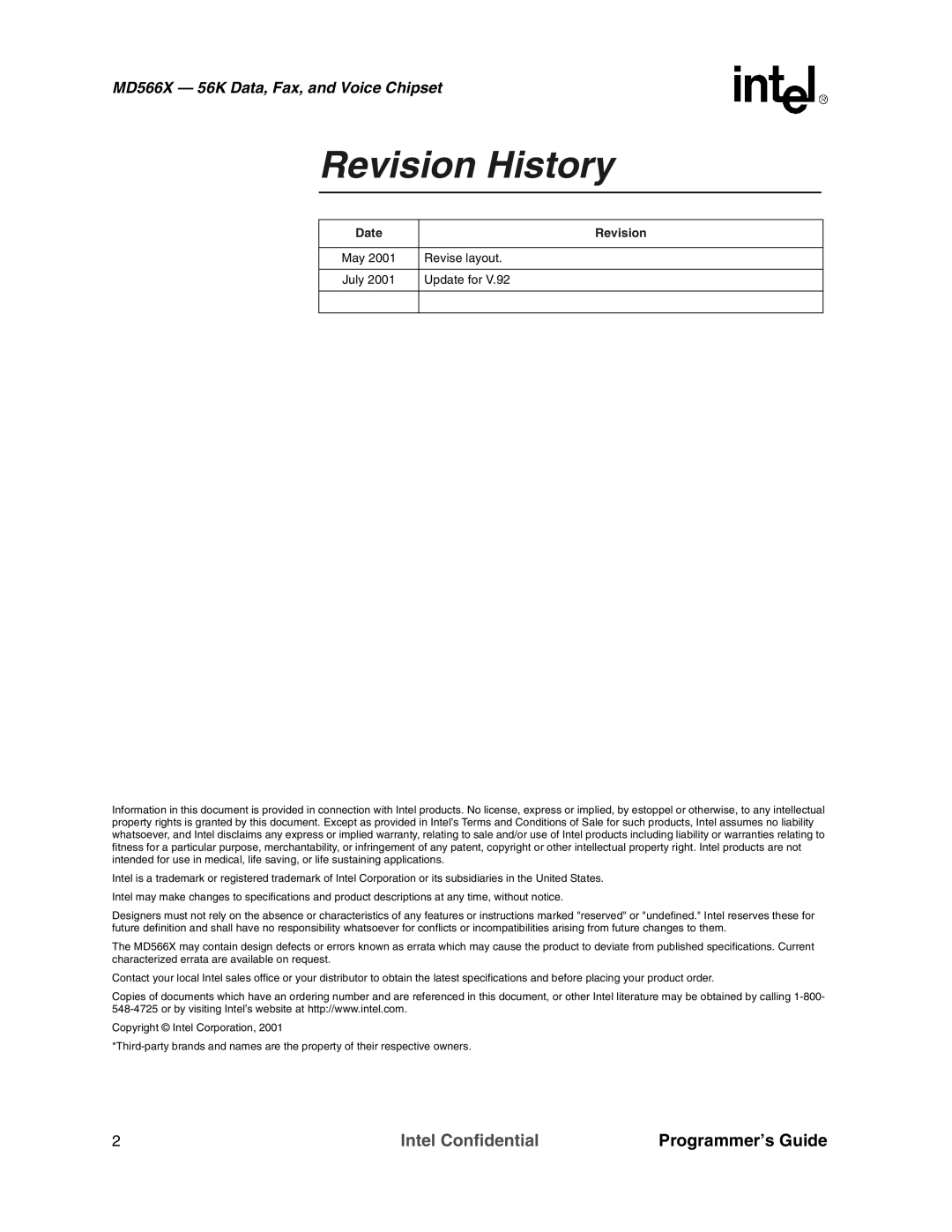 Intel MD566X manual Revision History 