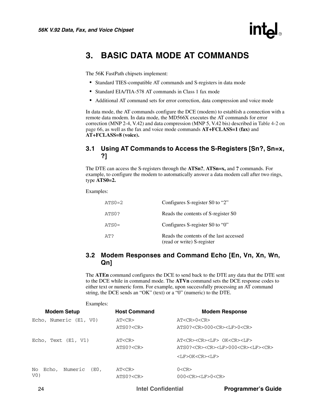 Intel MD566X manual Basic Data Mode AT Commands, Using AT Commands to Access the S-Registers Sn?, Sn=x, ? 