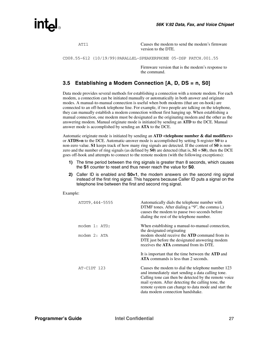 Intel MD566X manual Establishing a Modem Connection A, D, DS = n, S0 