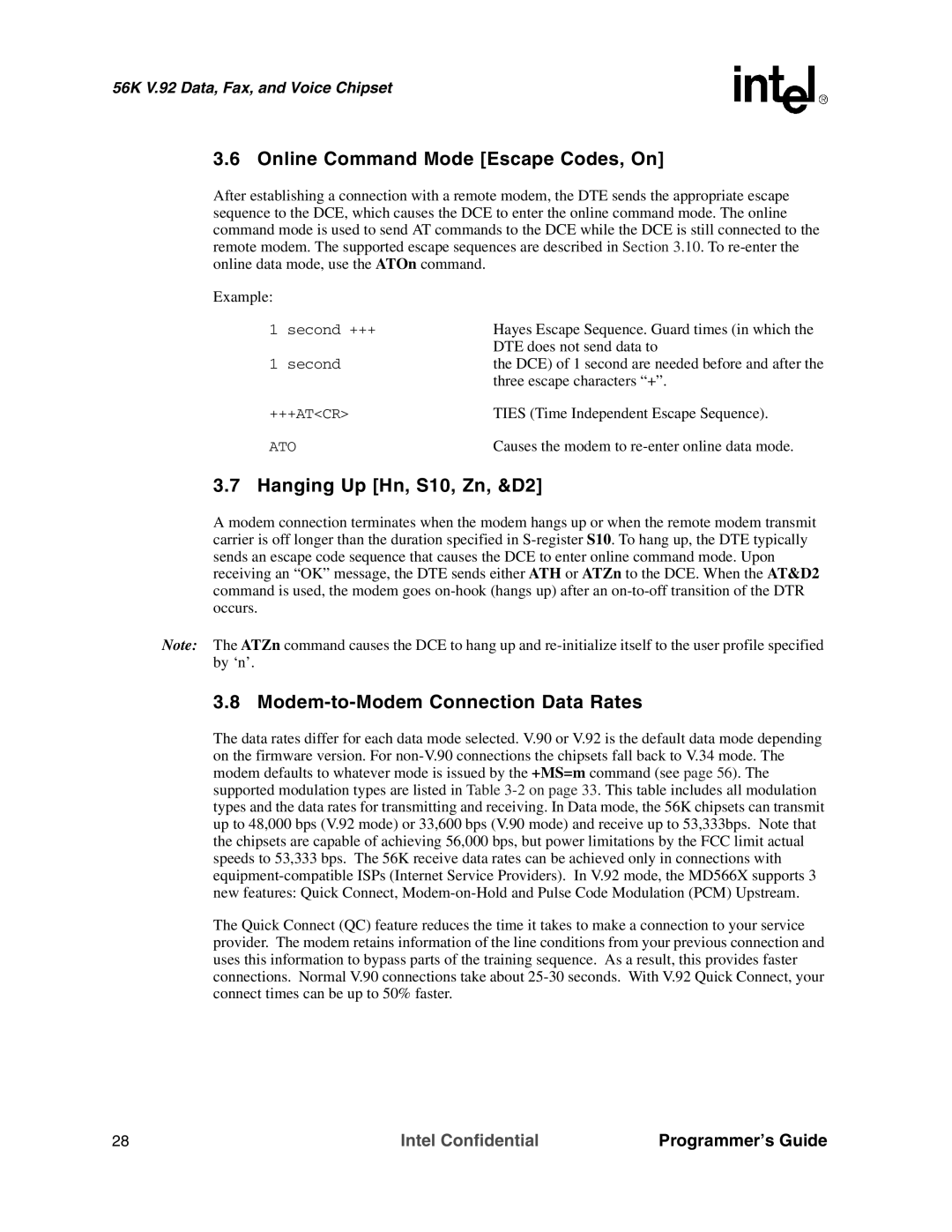 Intel MD566X manual Online Command Mode Escape Codes, On, Hanging Up Hn, S10, Zn, &D2, Modem-to-Modem Connection Data Rates 