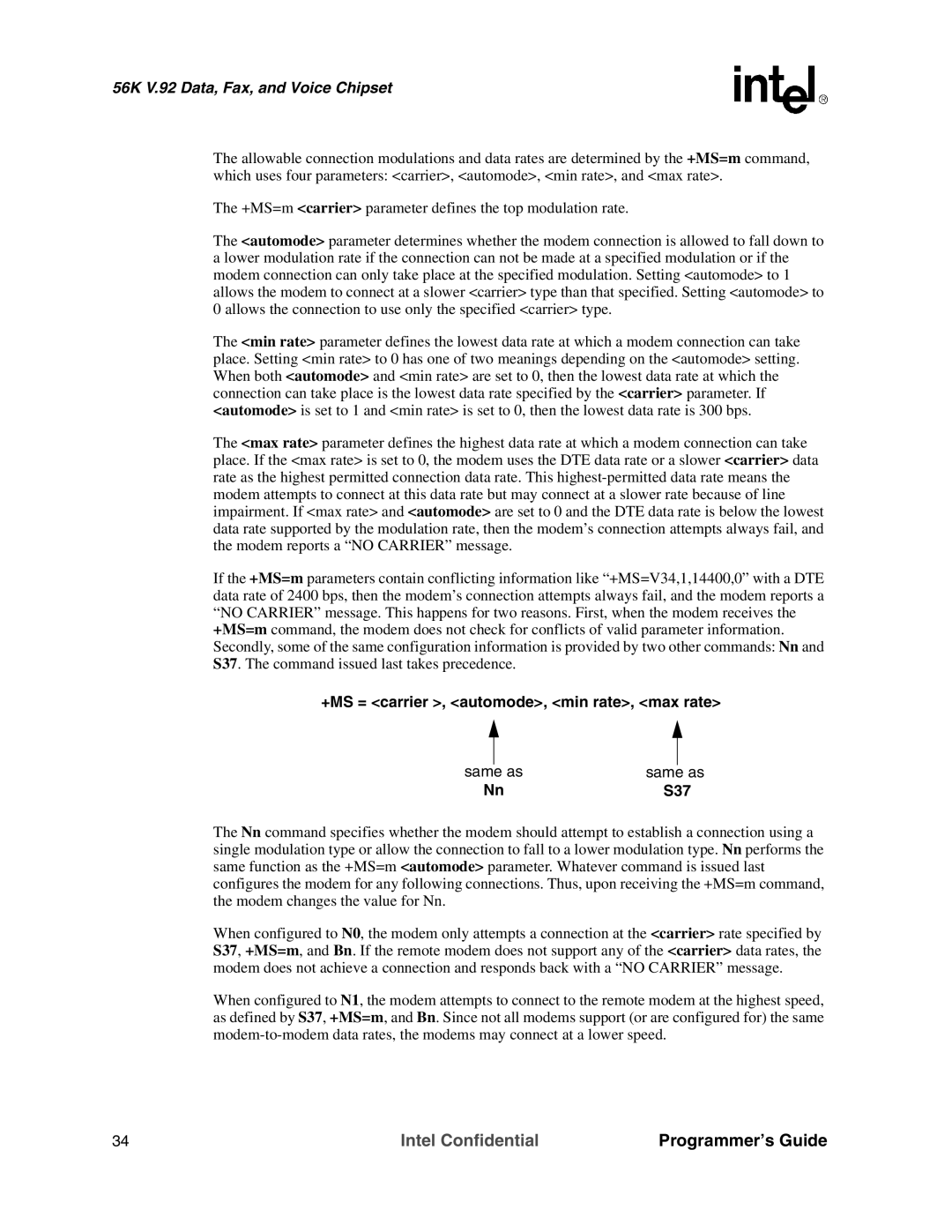 Intel MD566X manual +MS = carrier , automode, min rate, max rate, S37 