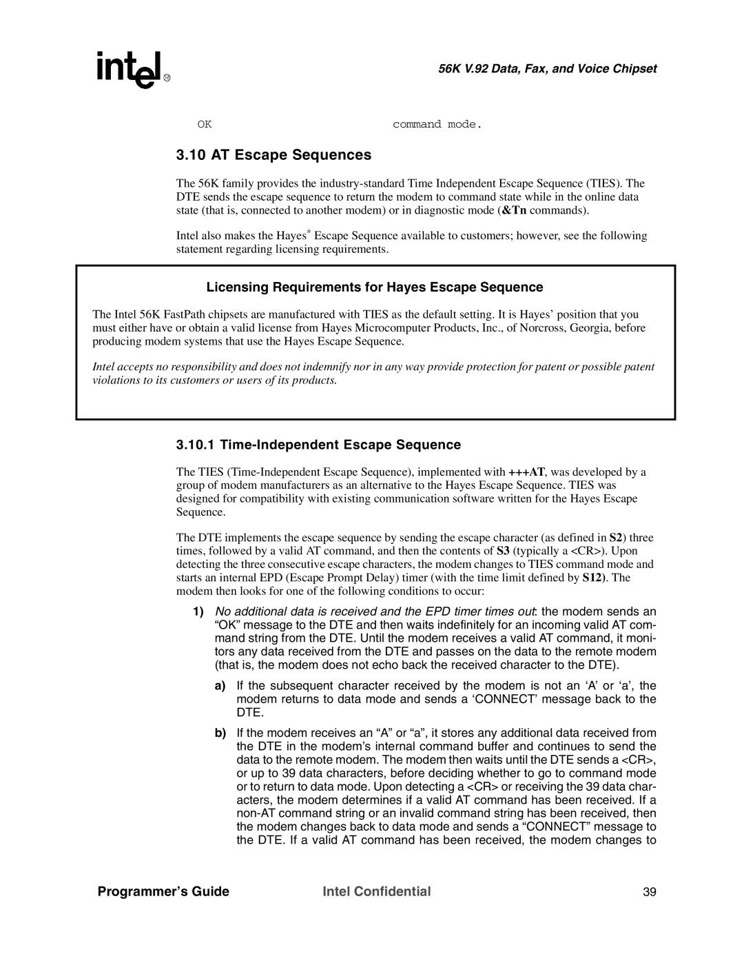 Intel MD566X manual AT Escape Sequences, Licensing Requirements for Hayes Escape Sequence, Time-Independent Escape Sequence 