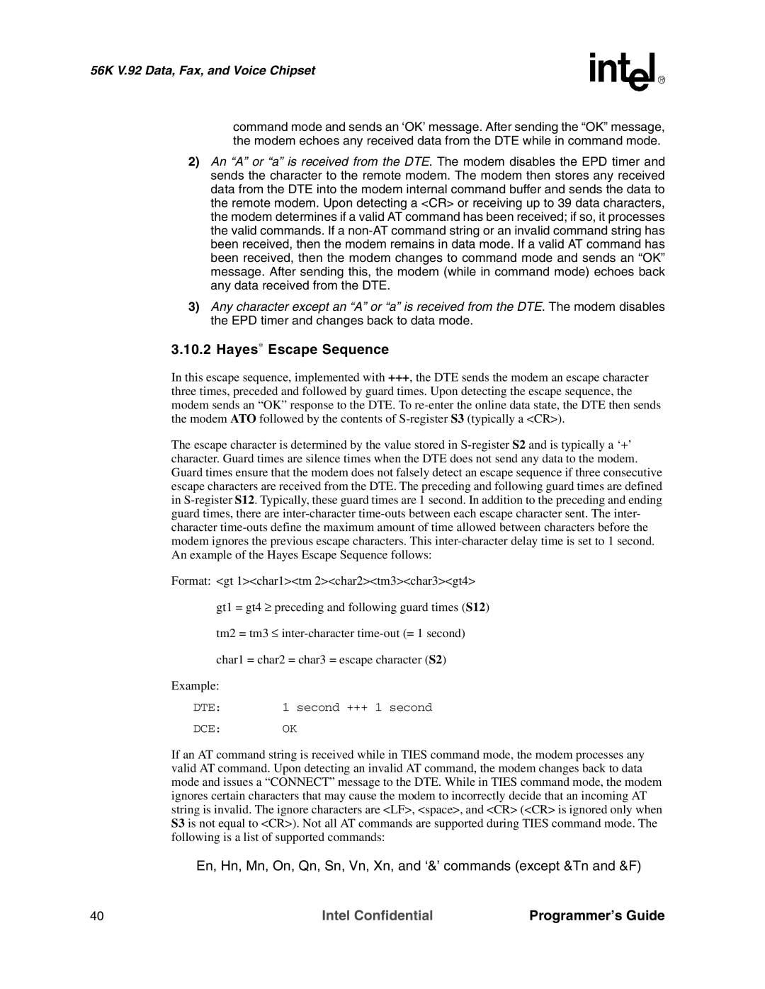 Intel MD566X manual Hayes∗ Escape Sequence 