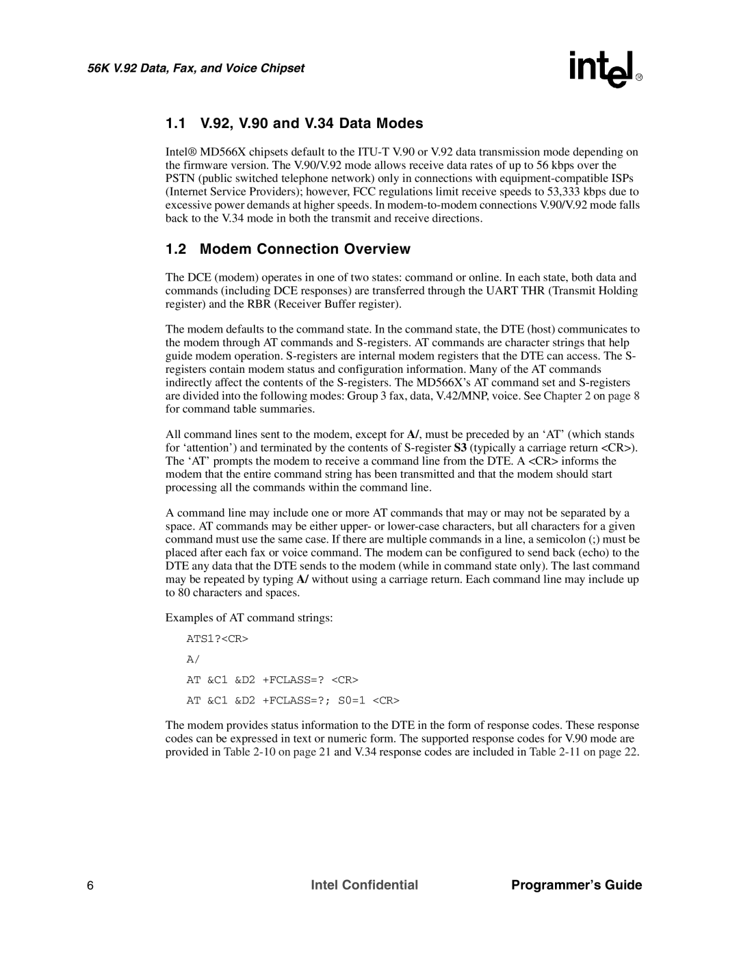 Intel MD566X manual V.92, V.90 and V.34 Data Modes, Modem Connection Overview 