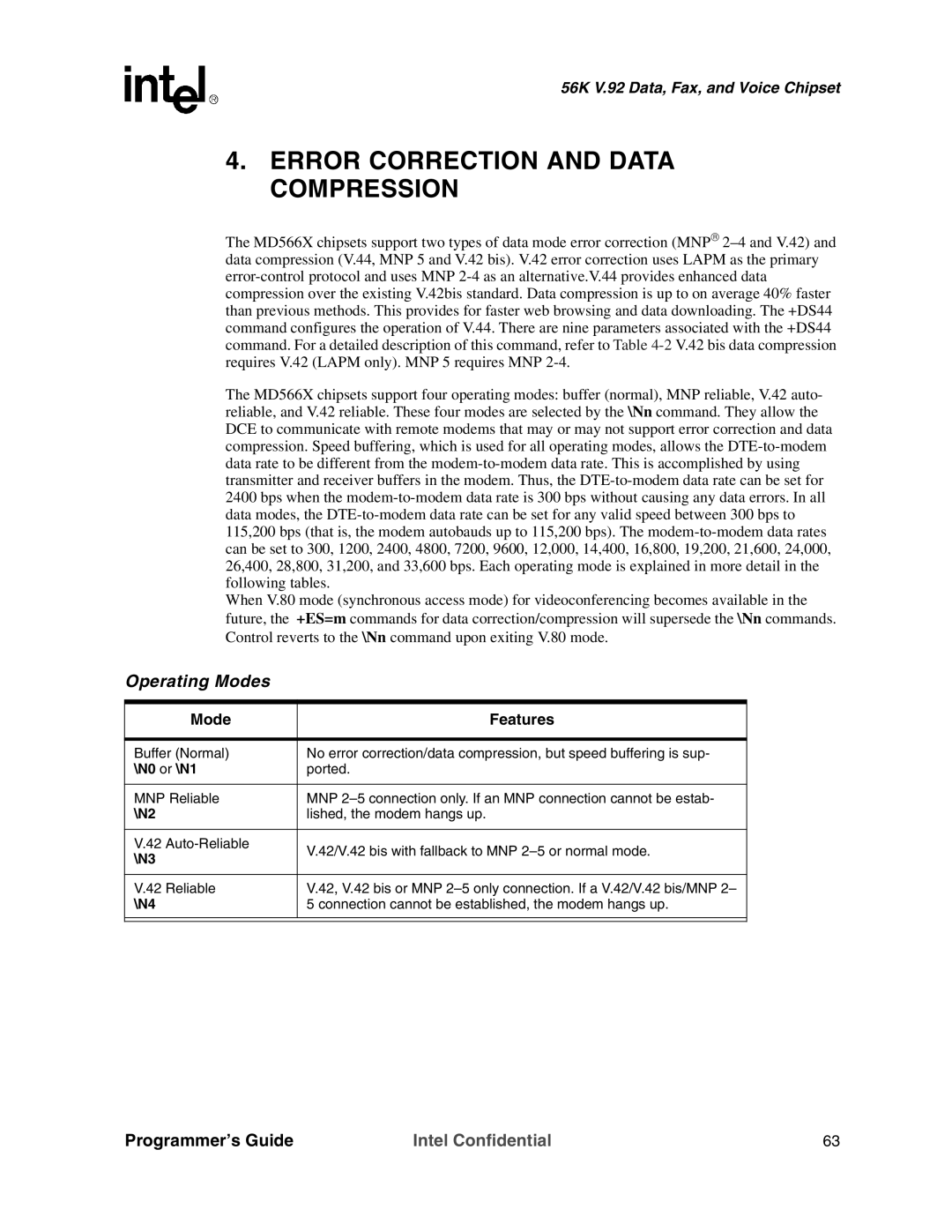 Intel MD566X manual Error Correction and Data Compression, Mode Features 