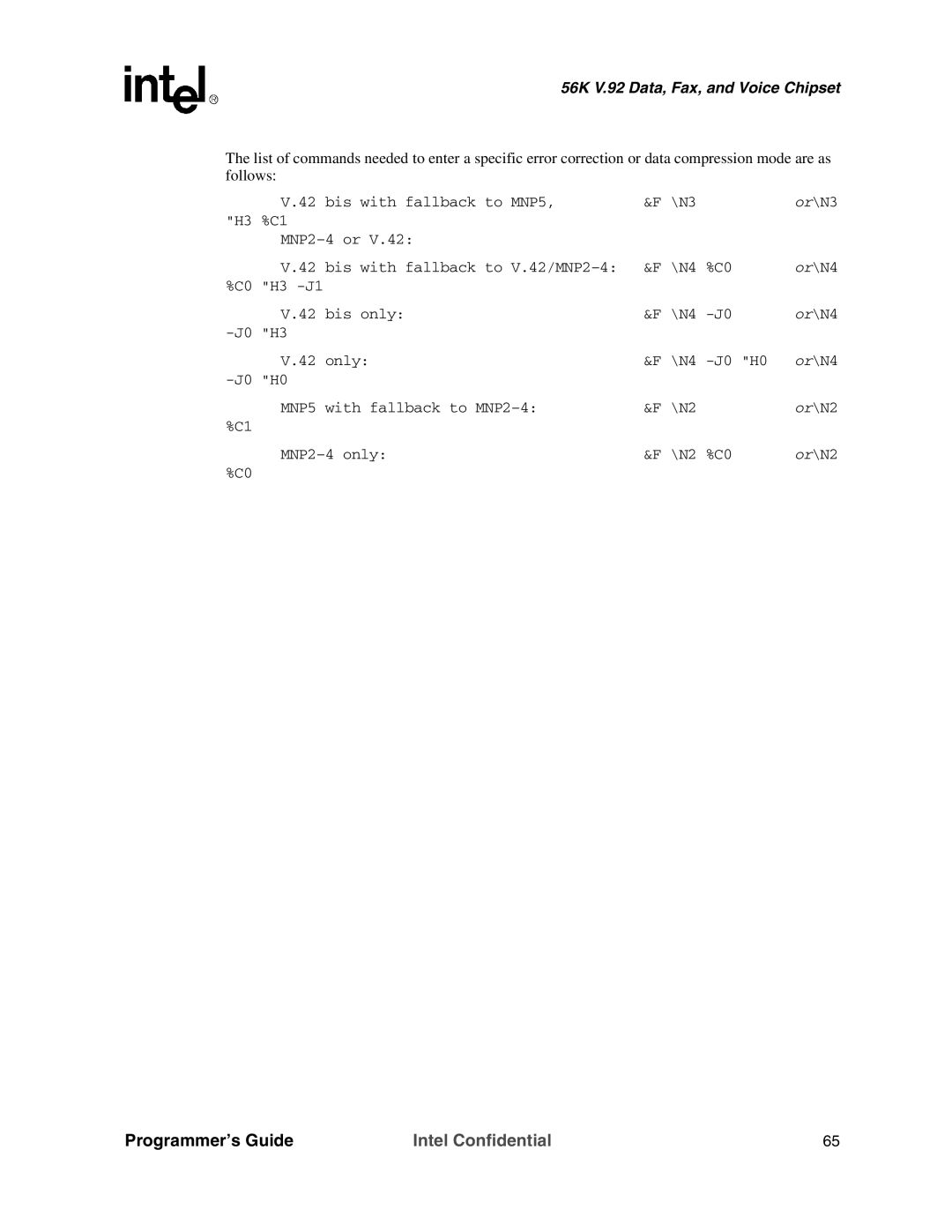 Intel MD566X manual Bis with fallback to MNP5 \N3 