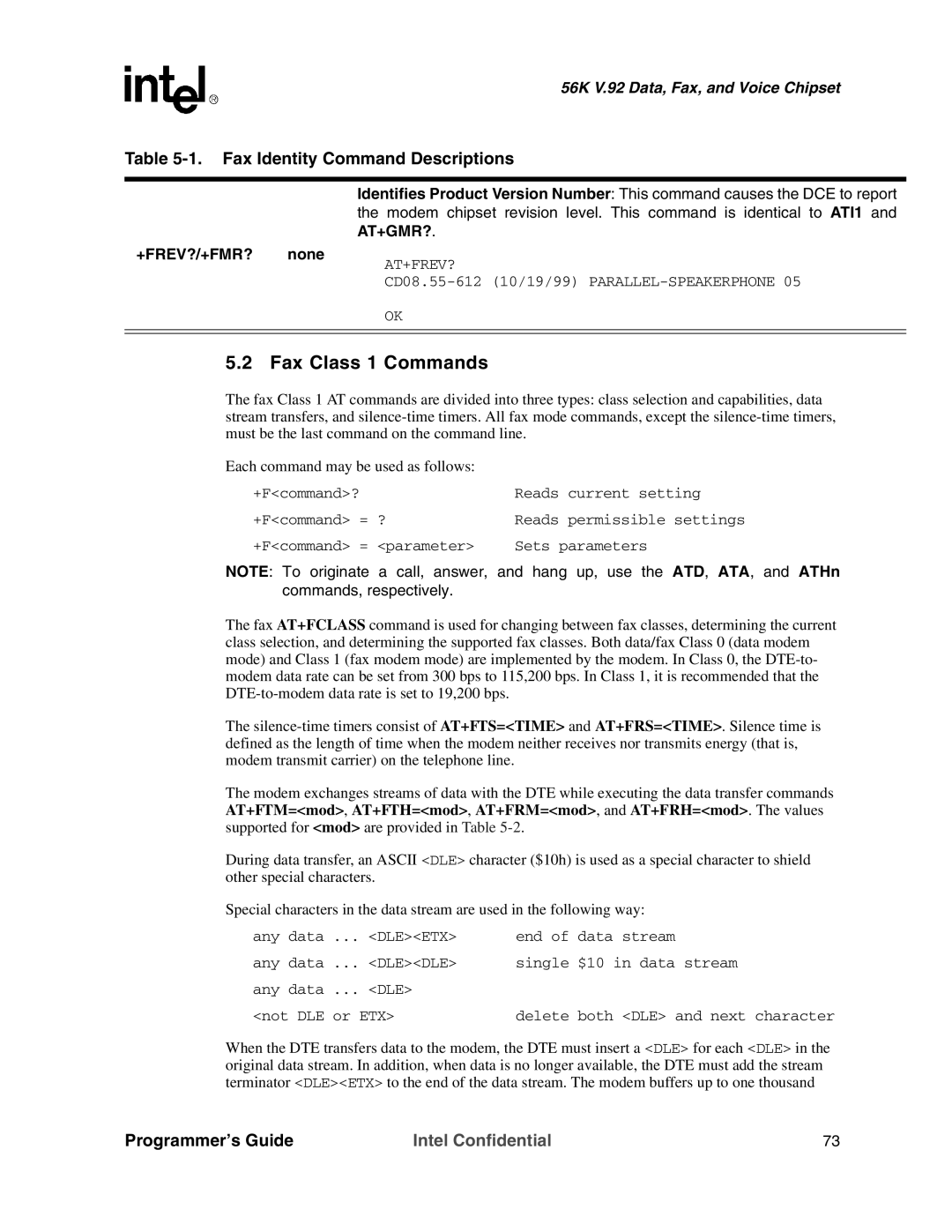 Intel MD566X manual Fax Class 1 Commands, +FREV?/+FMR? none 