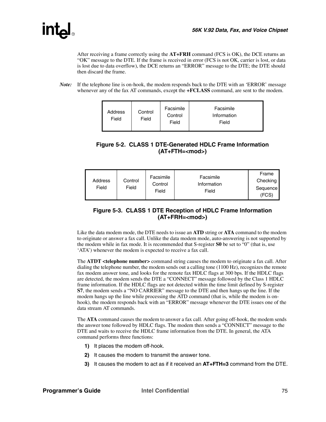 Intel MD566X manual Class 1 DTE-Generated Hdlc Frame Information AT+FTH=mod 