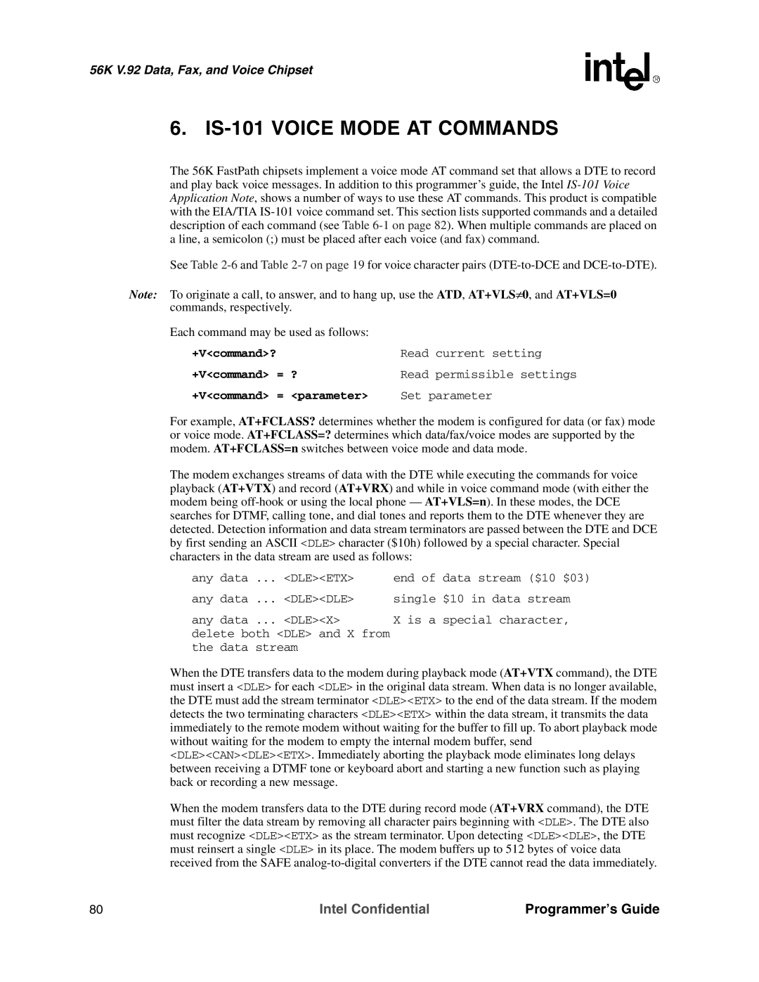 Intel MD566X manual IS-101 Voice Mode AT Commands, Each command may be used as follows 