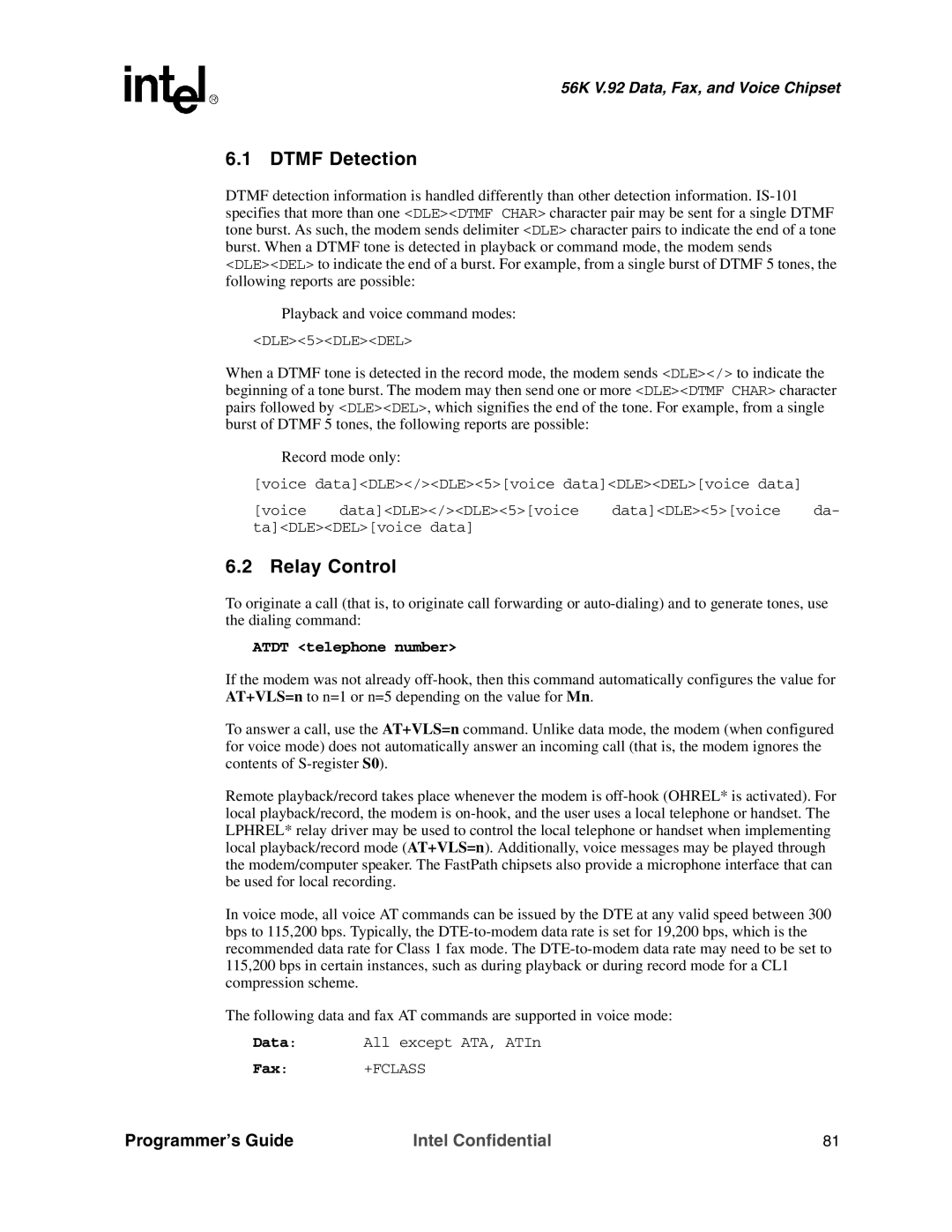 Intel MD566X manual Dtmf Detection, Relay Control 