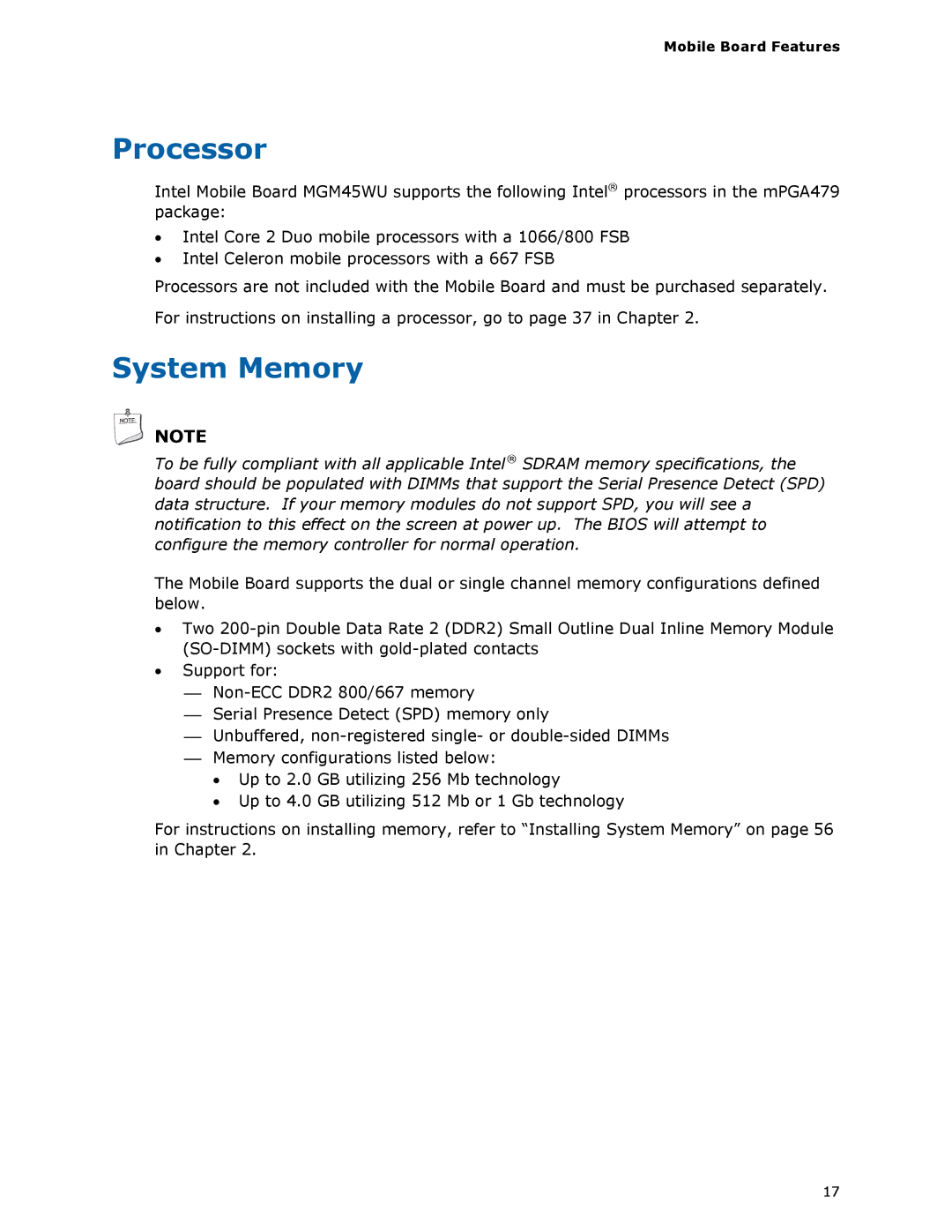 Intel MGM45WU manual Processor, System Memory 