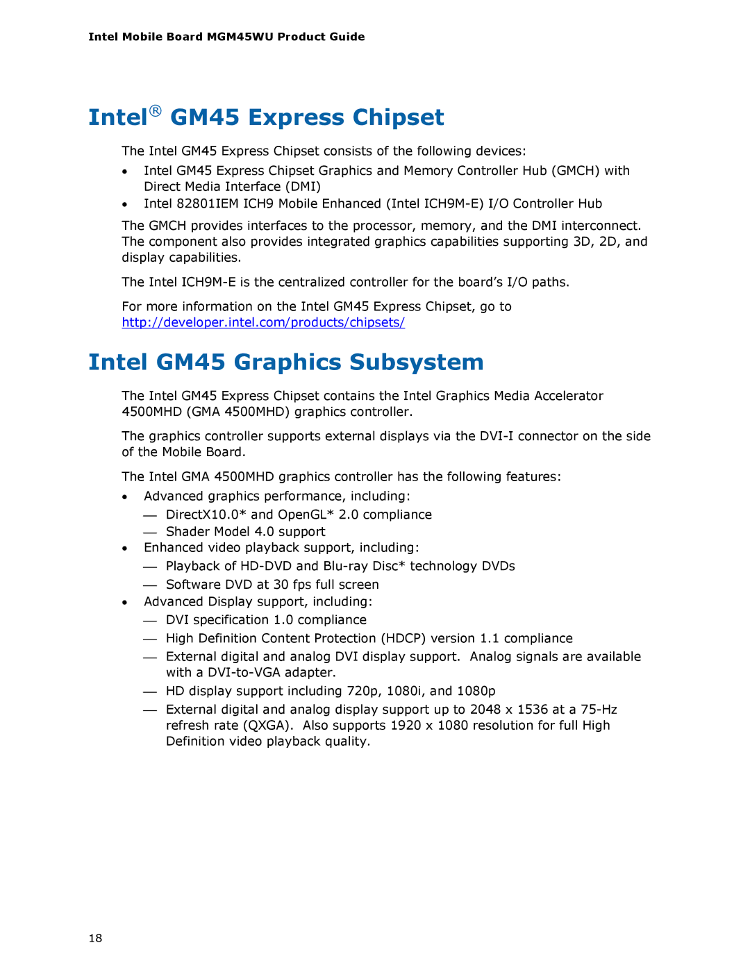 Intel MGM45WU manual Intel GM45 Express Chipset, Intel GM45 Graphics Subsystem 