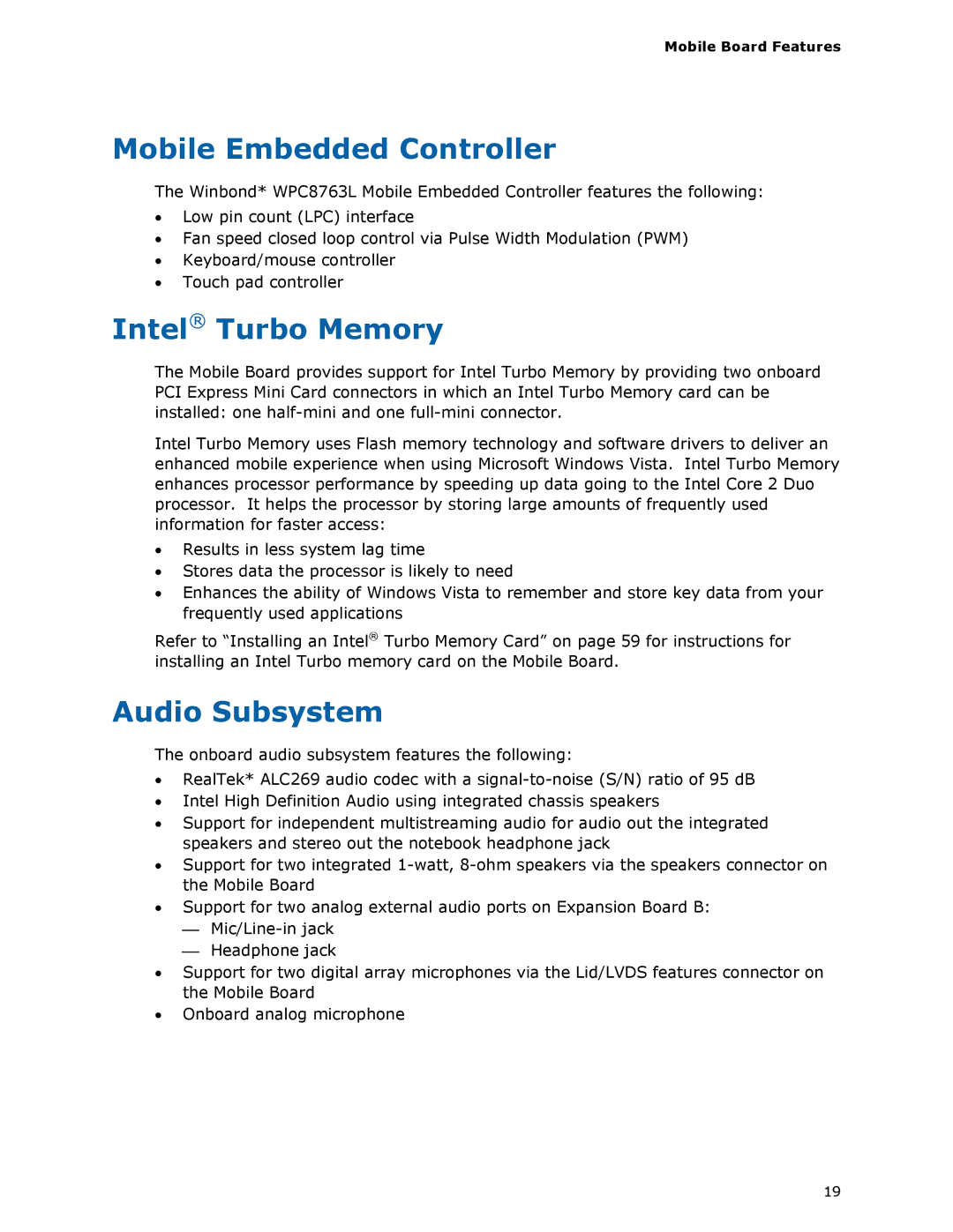 Intel MGM45WU manual Mobile Embedded Controller, Intel Turbo Memory, Audio Subsystem 