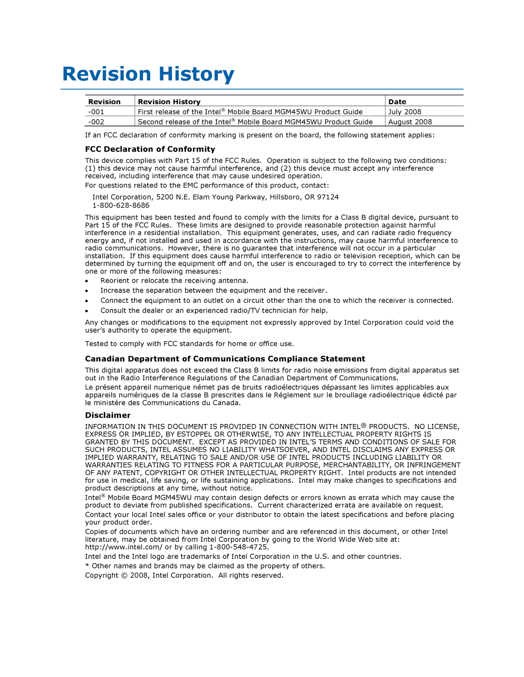 Intel MGM45WU manual FCC Declaration of Conformity, Canadian Department of Communications Compliance Statement, Disclaimer 