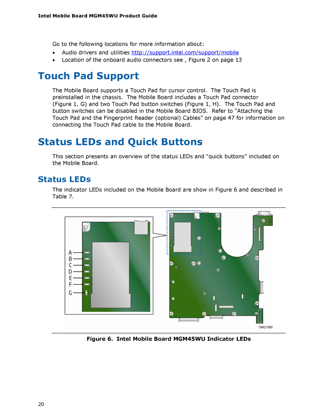 Intel MGM45WU manual Touch Pad Support, Status LEDs and Quick Buttons 