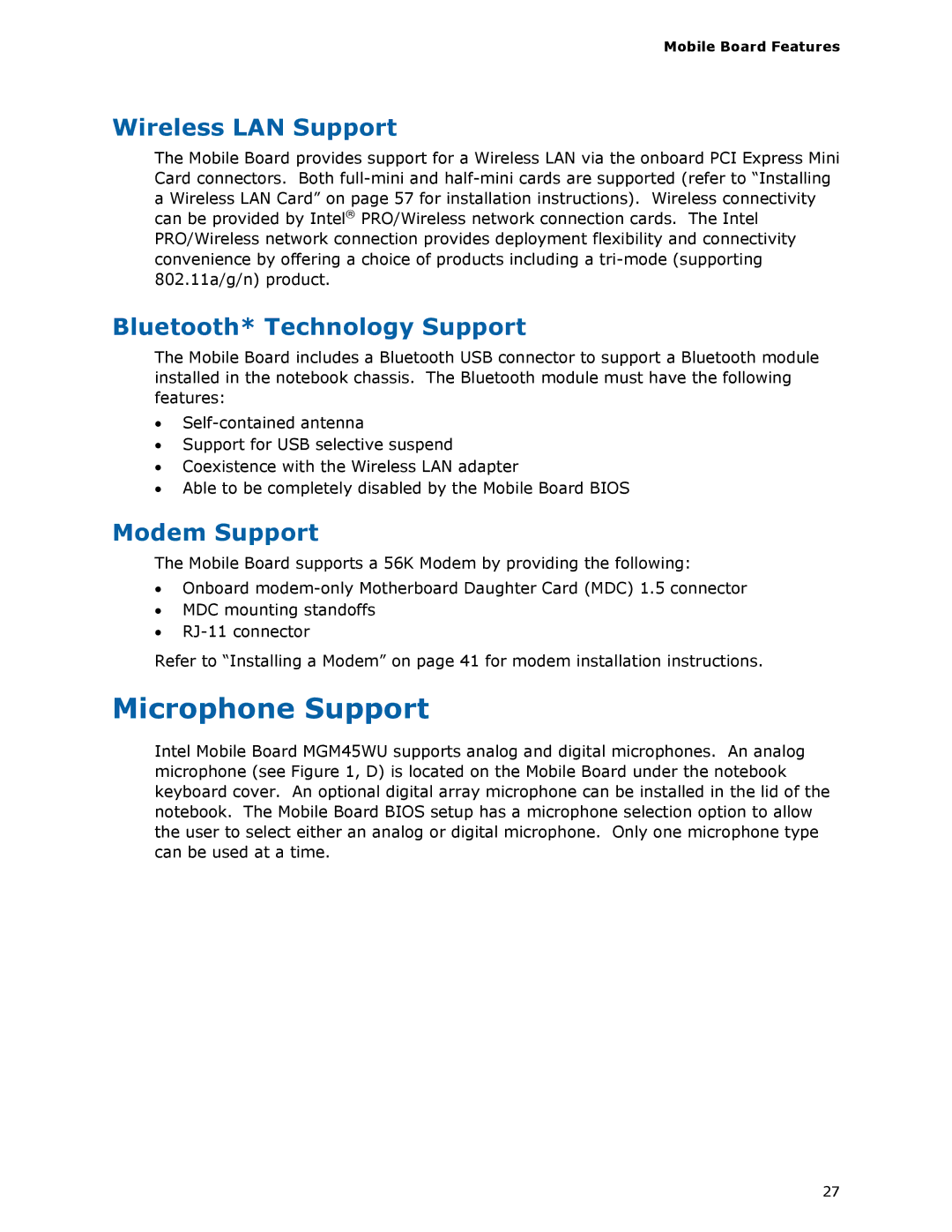 Intel MGM45WU manual Microphone Support, Wireless LAN Support, Bluetooth* Technology Support, Modem Support 