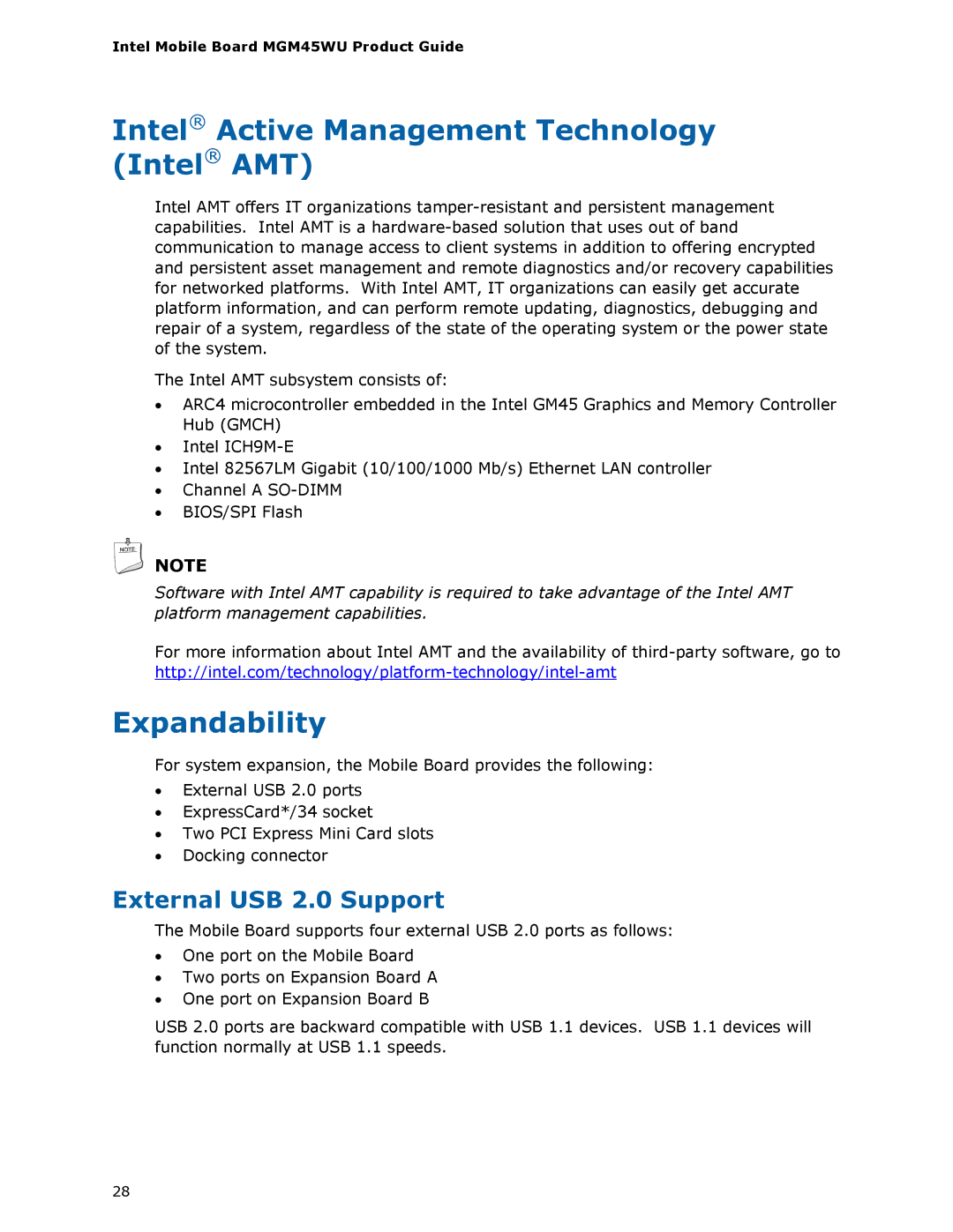 Intel MGM45WU manual Intel Active Management Technology Intel AMT, Expandability, External USB 2.0 Support 