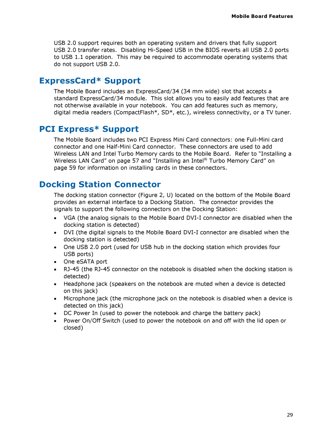 Intel MGM45WU manual ExpressCard* Support, PCI Express* Support, Docking Station Connector 