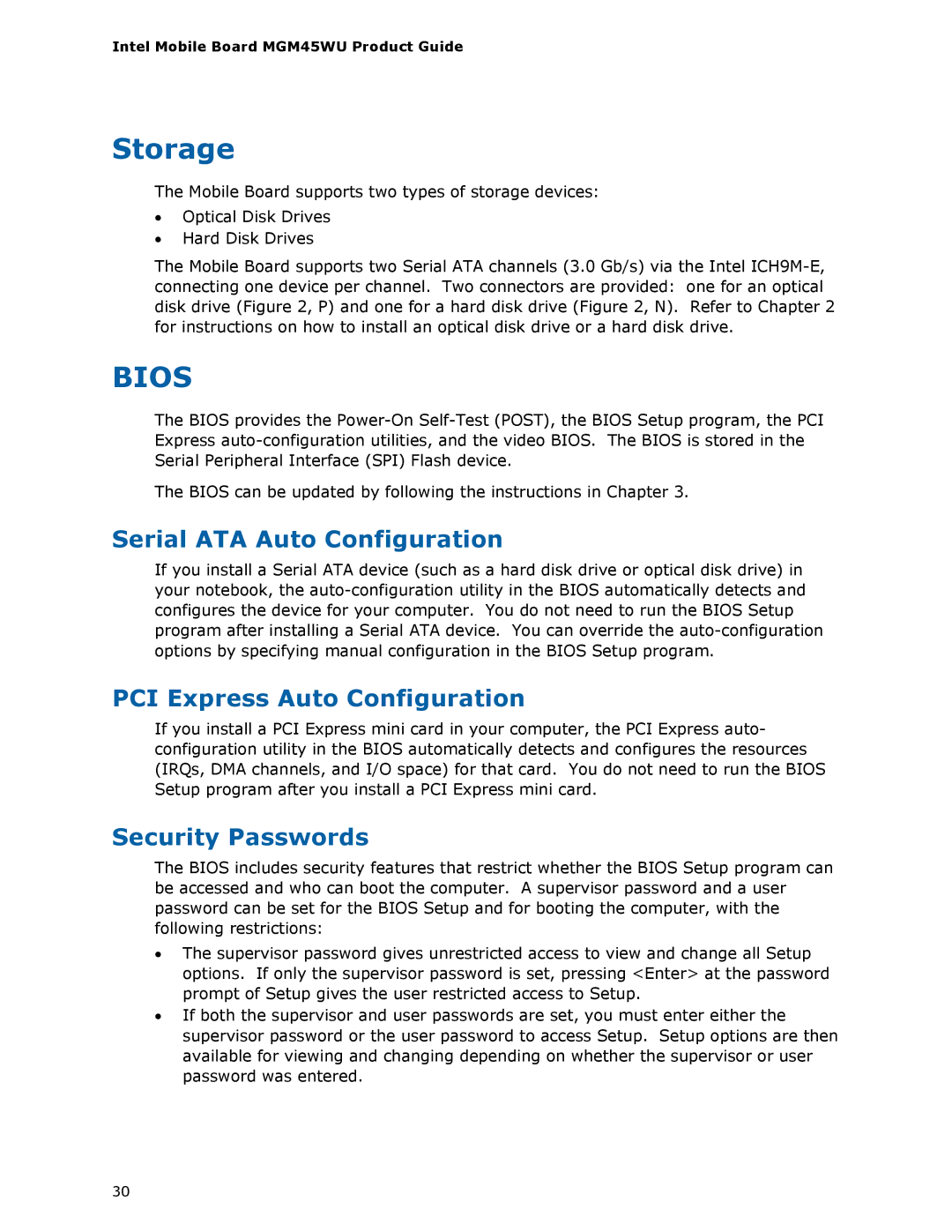 Intel MGM45WU manual Storage, Serial ATA Auto Configuration, PCI Express Auto Configuration, Security Passwords 