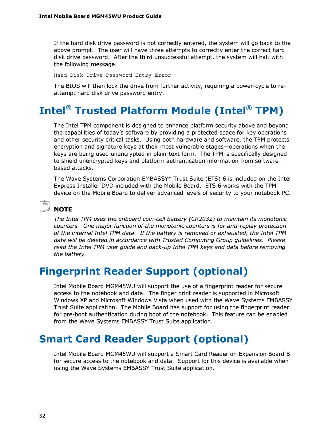 Intel MGM45WU manual Intel Trusted Platform Module Intel TPM, Fingerprint Reader Support optional 