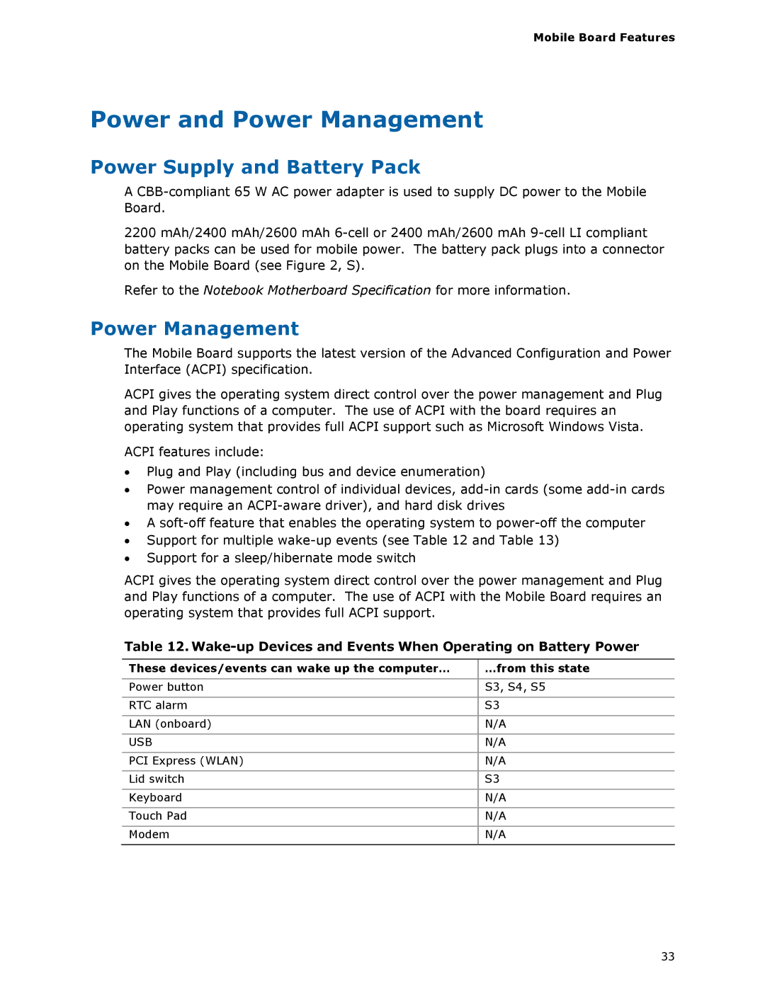 Intel MGM45WU manual Power and Power Management, Power Supply and Battery Pack 