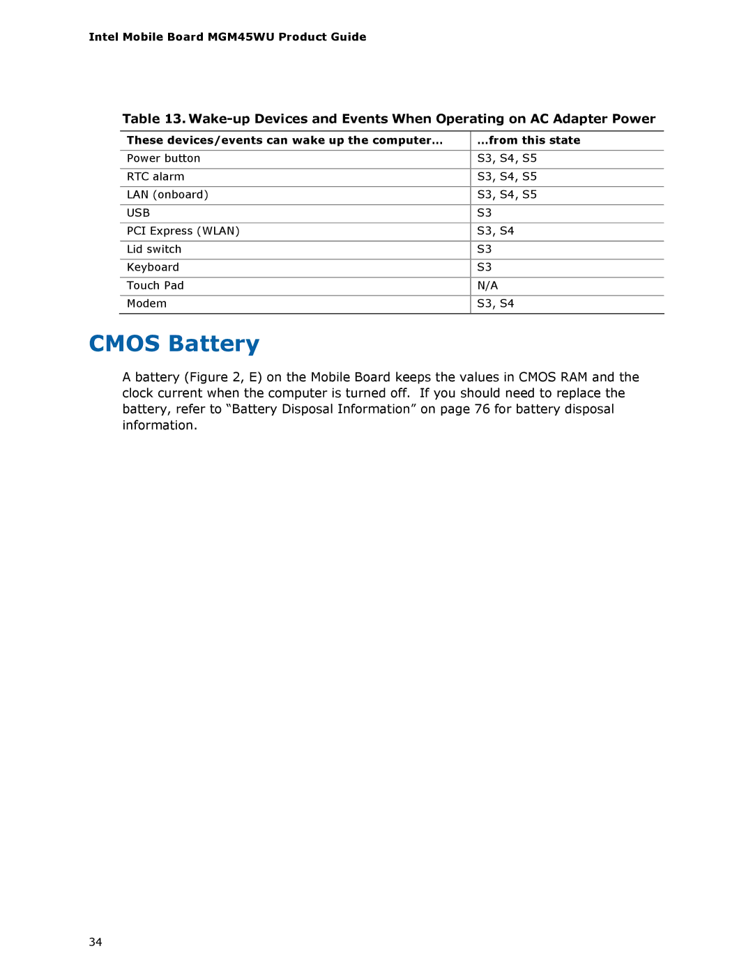 Intel MGM45WU manual Cmos Battery 