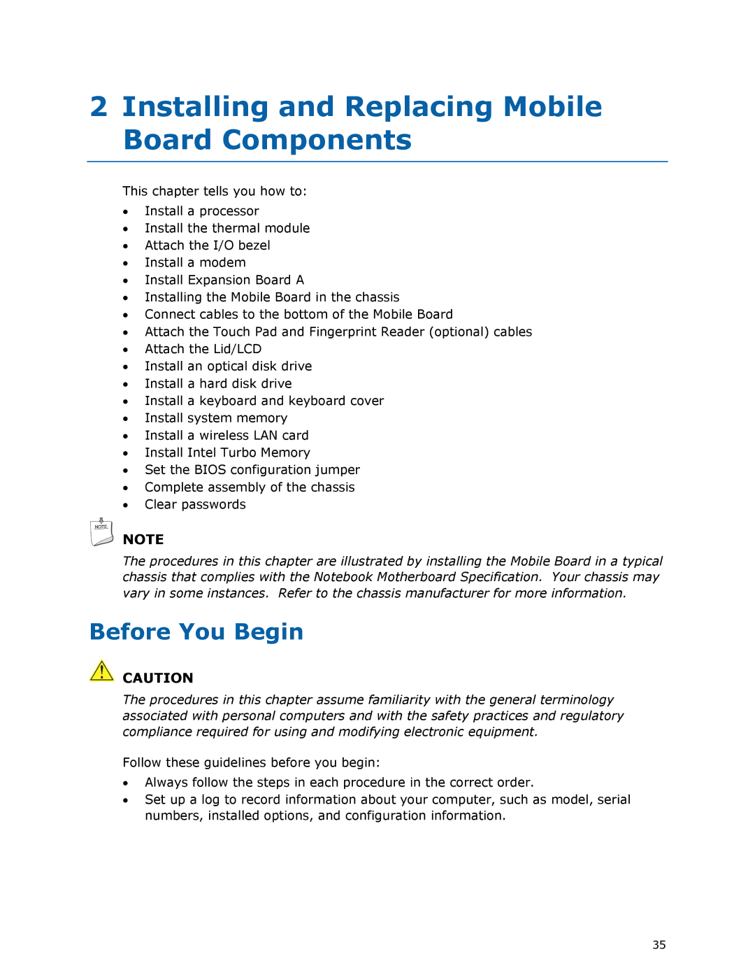 Intel MGM45WU manual Installing and Replacing Mobile Board Components, Before You Begin 