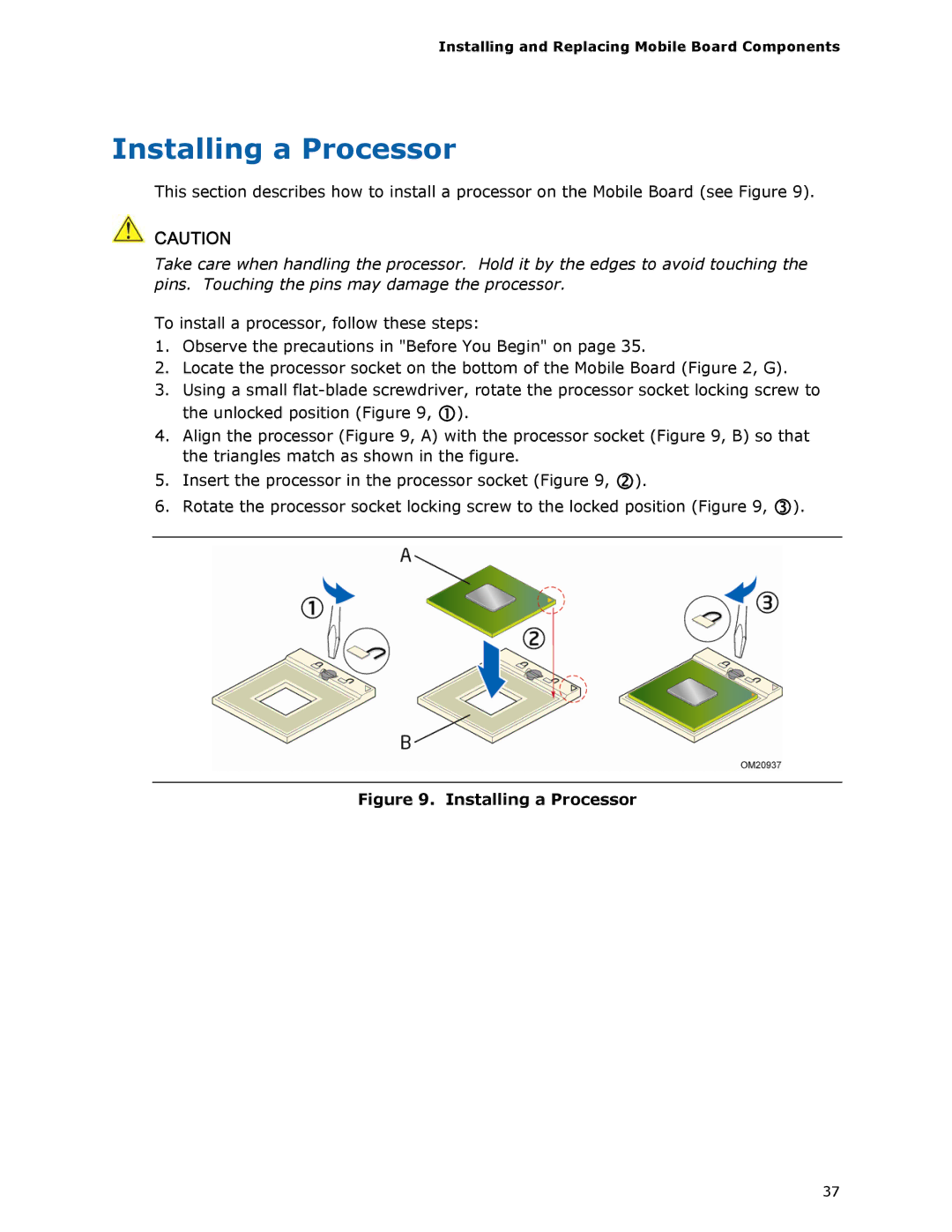 Intel MGM45WU manual Installing a Processor, Installing and Replacing Mobile Board Components 