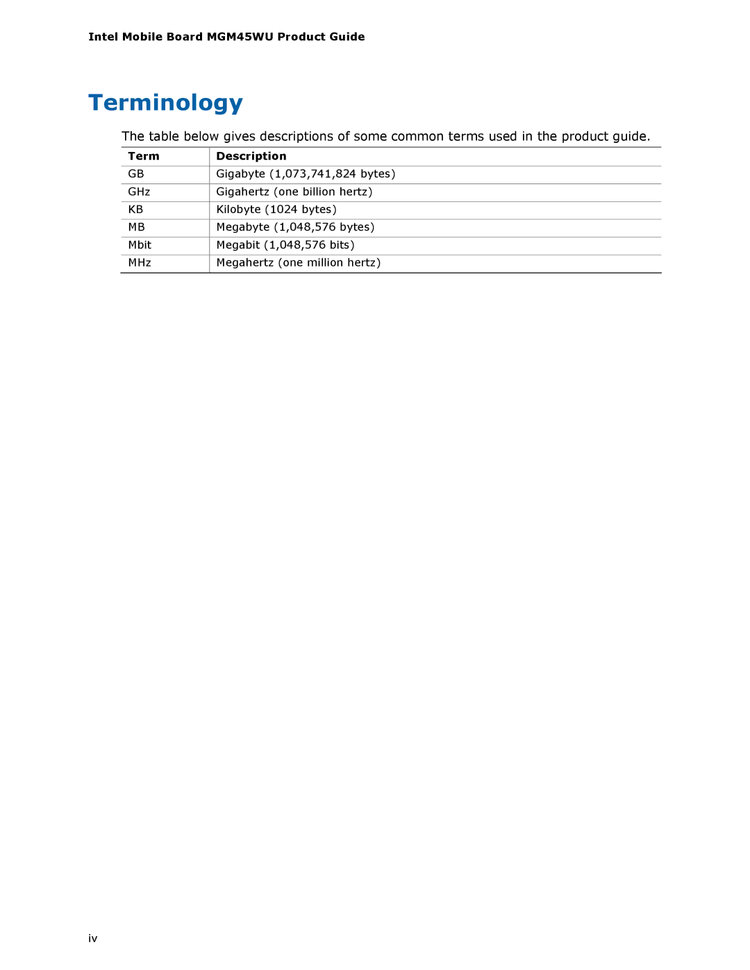 Intel manual Terminology, Intel Mobile Board MGM45WU Product Guide, Term Description 