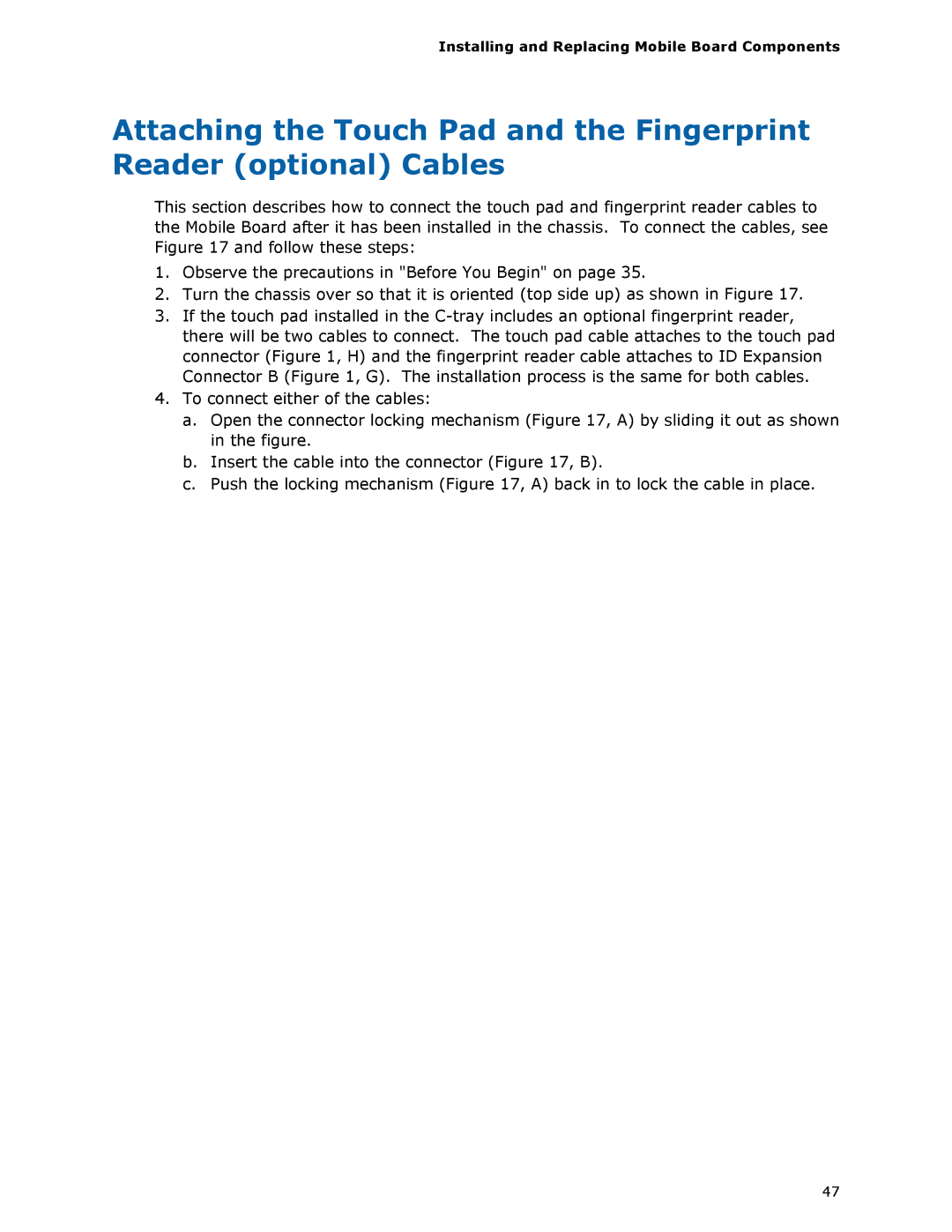 Intel MGM45WU manual Installing and Replacing Mobile Board Components 