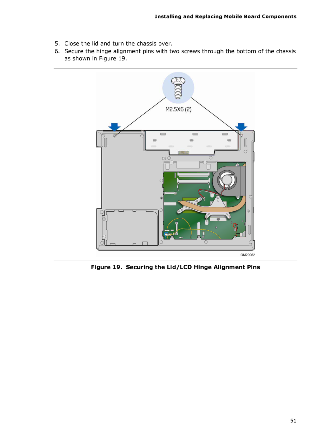 Intel MGM45WU manual Securing the Lid/LCD Hinge Alignment Pins 