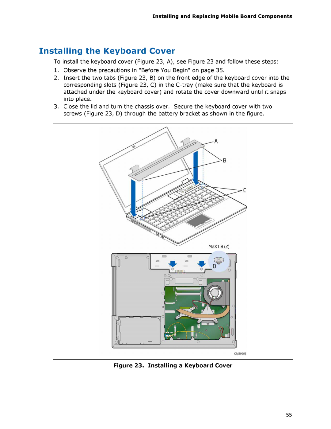 Intel MGM45WU manual Installing the Keyboard Cover, Installing a Keyboard Cover 