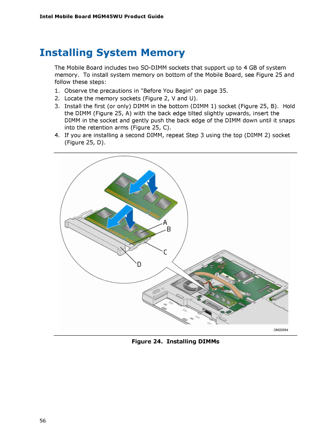 Intel MGM45WU manual Installing System Memory, Installing DIMMs 