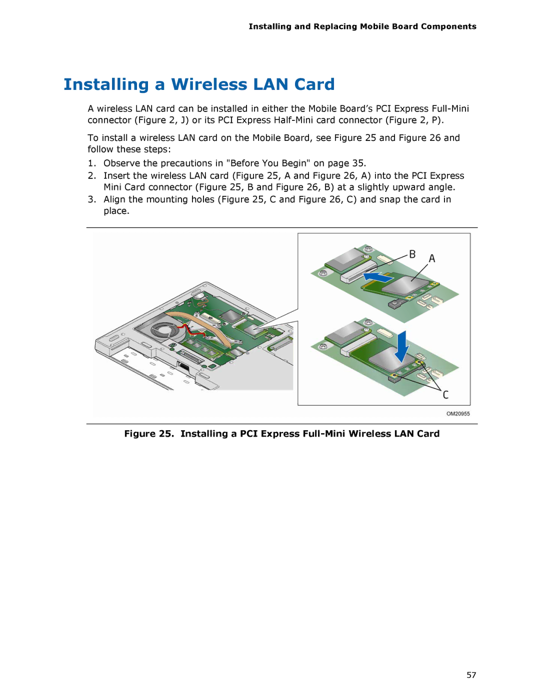 Intel MGM45WU manual Installing a Wireless LAN Card, Installing a PCI Express Full-Mini Wireless LAN Card 