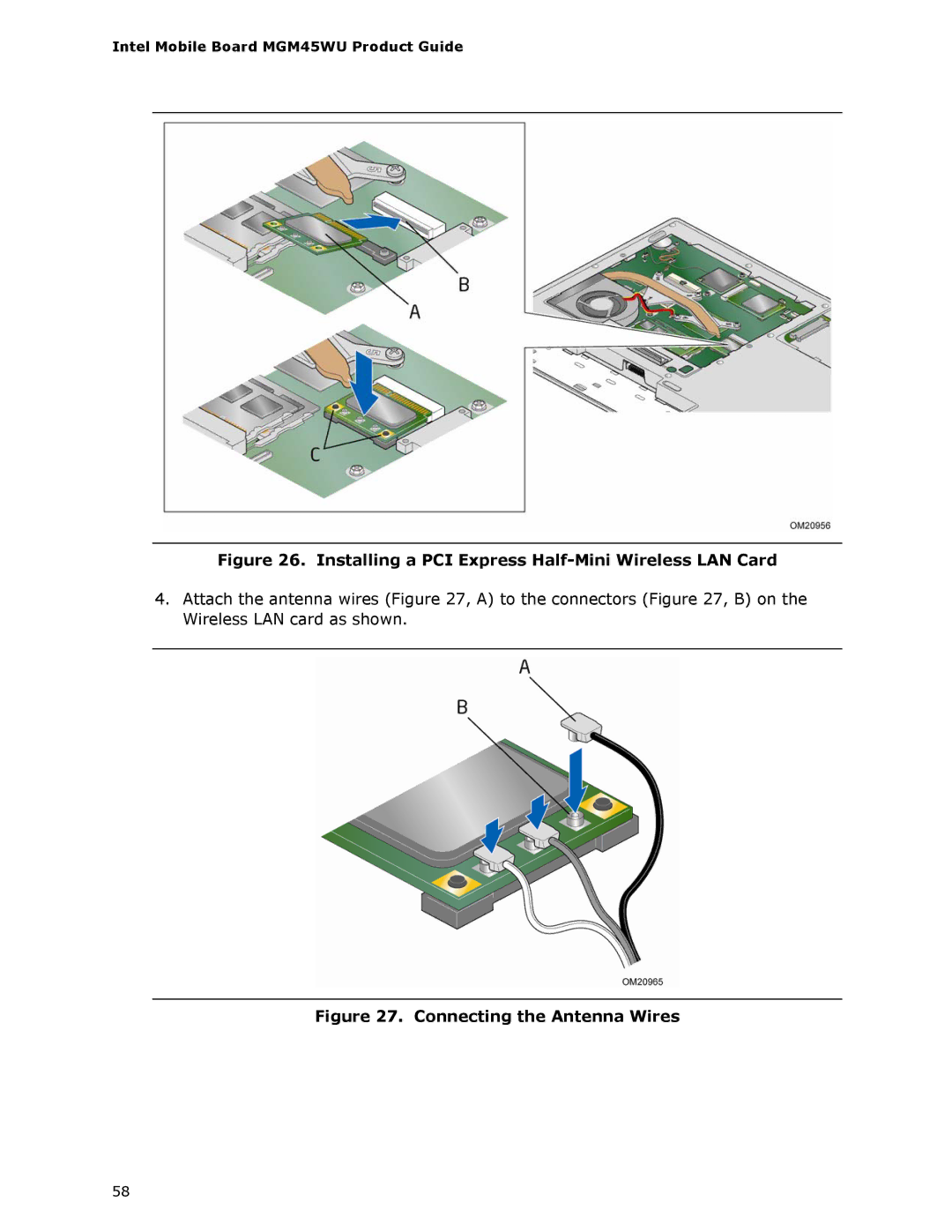 Intel MGM45WU manual Installing a PCI Express Half-Mini Wireless LAN Card 