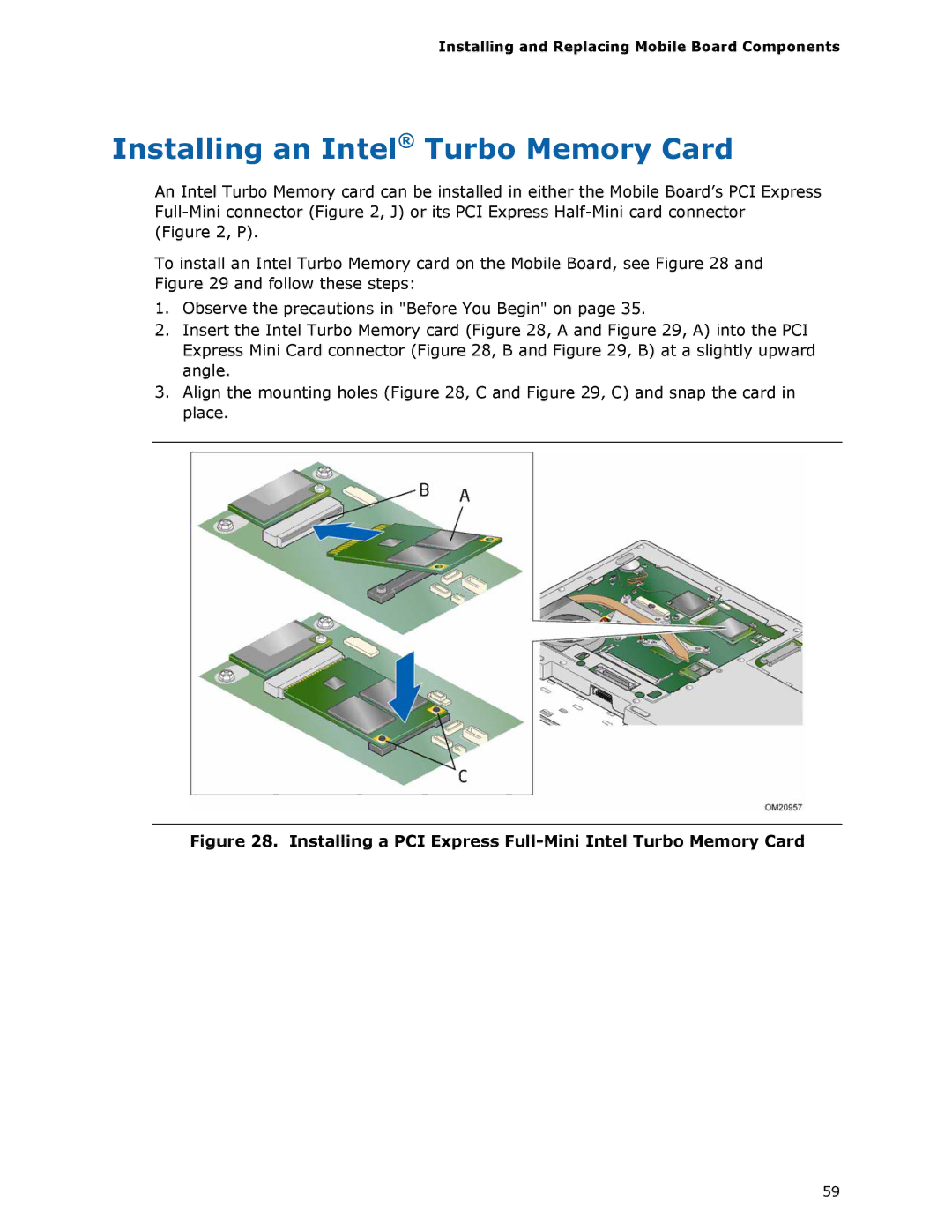 Intel MGM45WU manual Installing an Intel Turbo Memory Card, Installing a PCI Express Full-Mini Intel Turbo Memory Card 