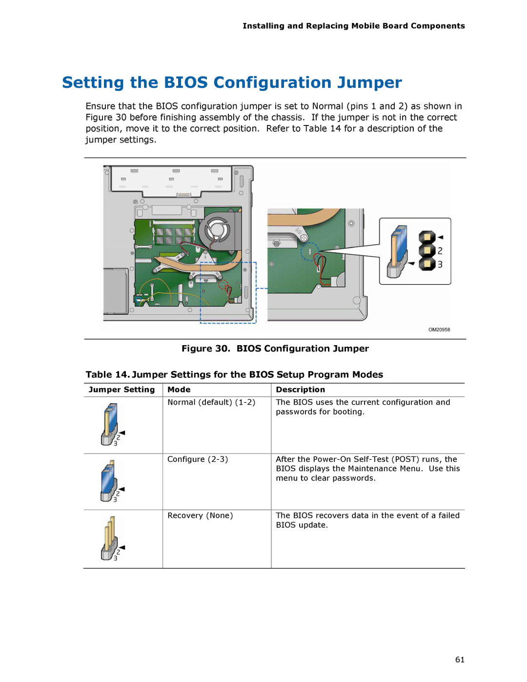 Intel MGM45WU manual Setting the Bios Configuration Jumper, Jumper Setting Mode Description 