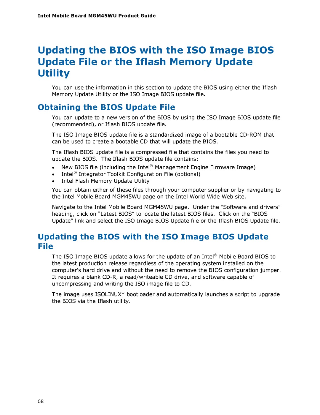 Intel MGM45WU manual Obtaining the Bios Update File, Updating the Bios with the ISO Image Bios Update File 