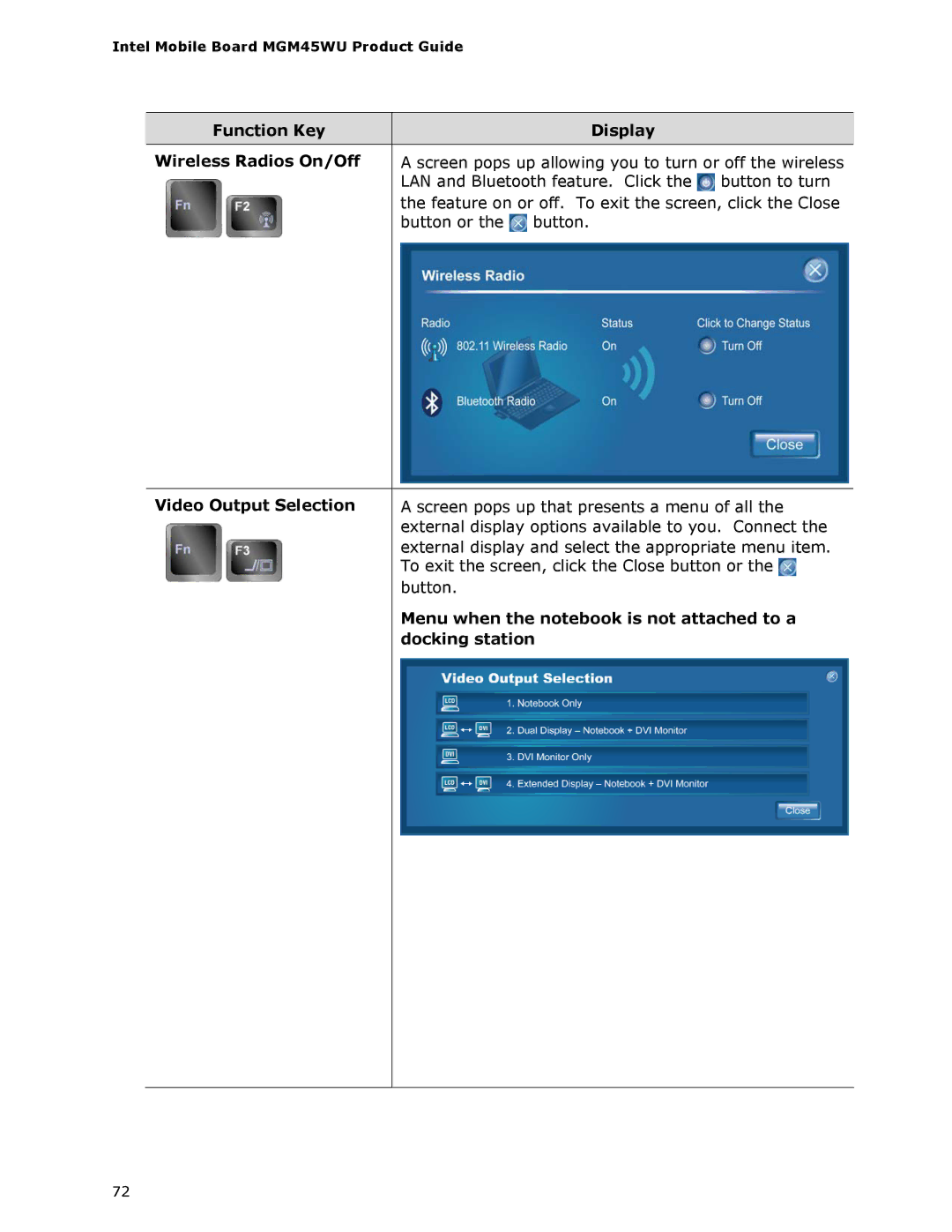 Intel MGM45WU manual Function Key Display Wireless Radios On/Off, Video Output Selection, Docking station 