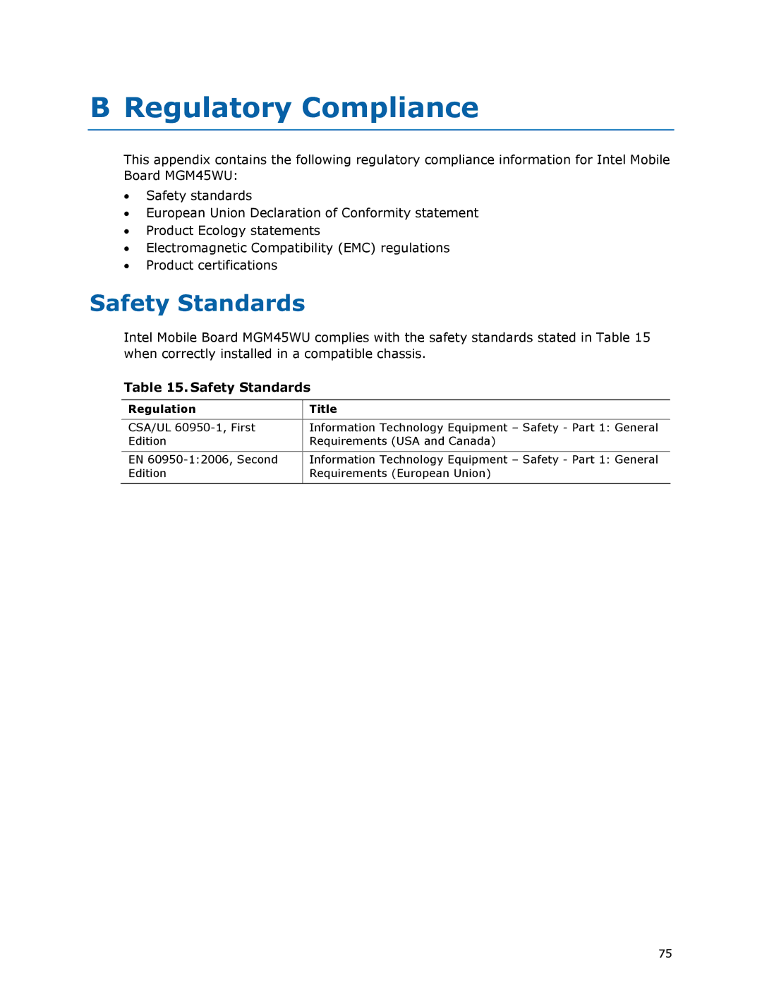 Intel MGM45WU manual Safety Standards, Regulation Title 