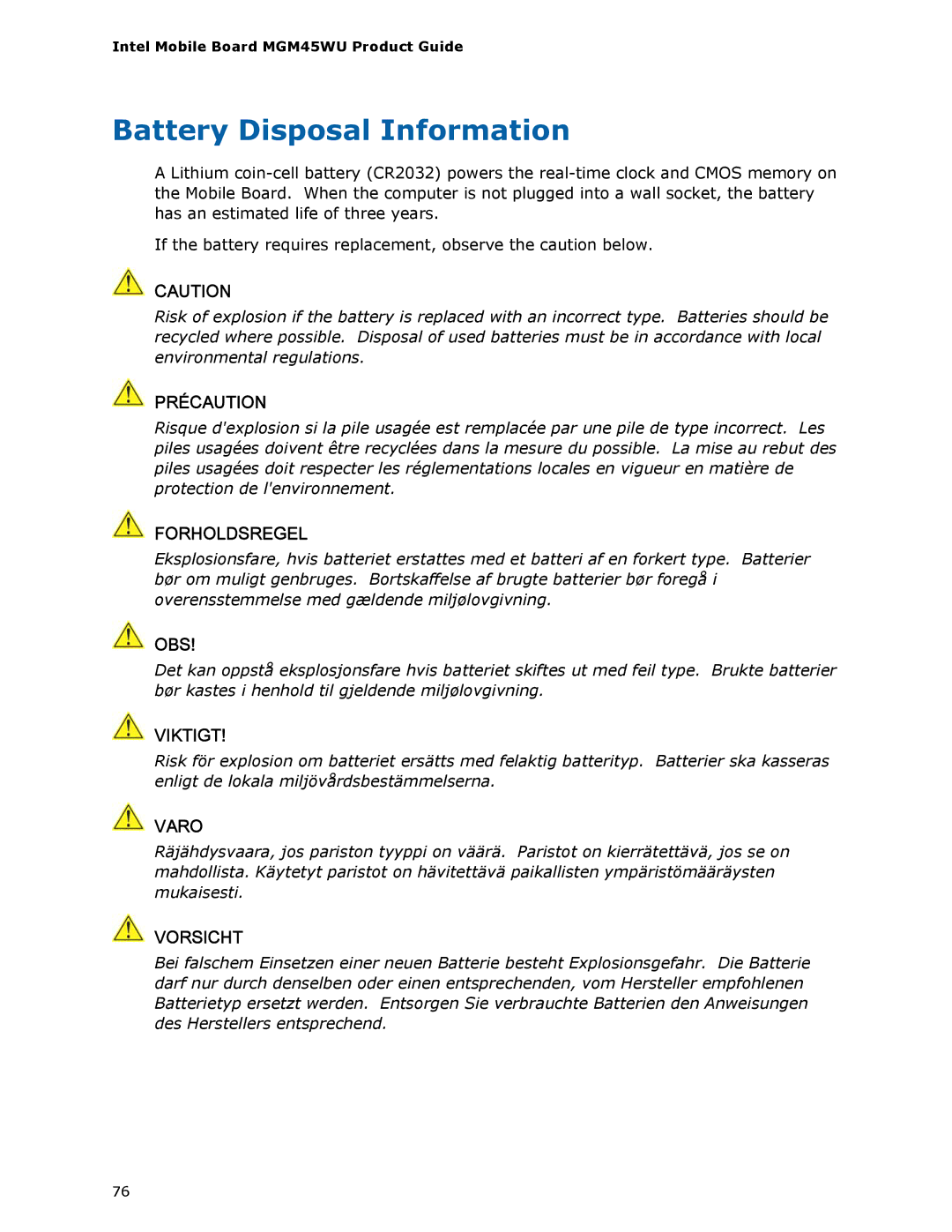 Intel MGM45WU manual Battery Disposal Information, Précaution 