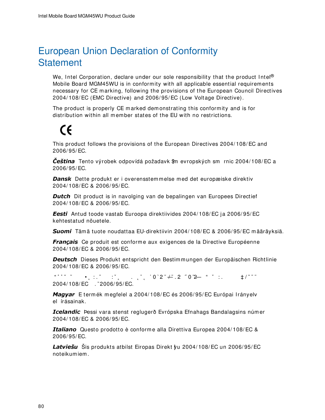 Intel MGM45WU manual European Union Declaration of Conformity Statement 