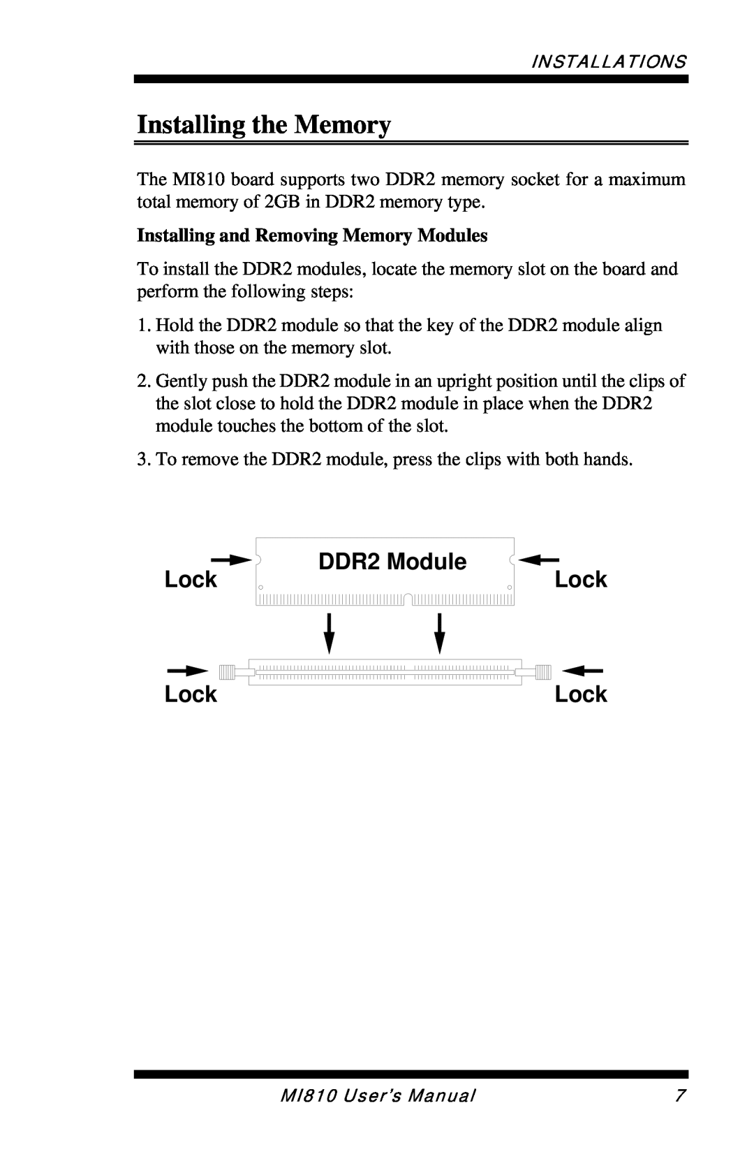 Intel MI810 user manual Installing the Memory, DDR2 Module Lock, Installing and Removing Memory Modules 