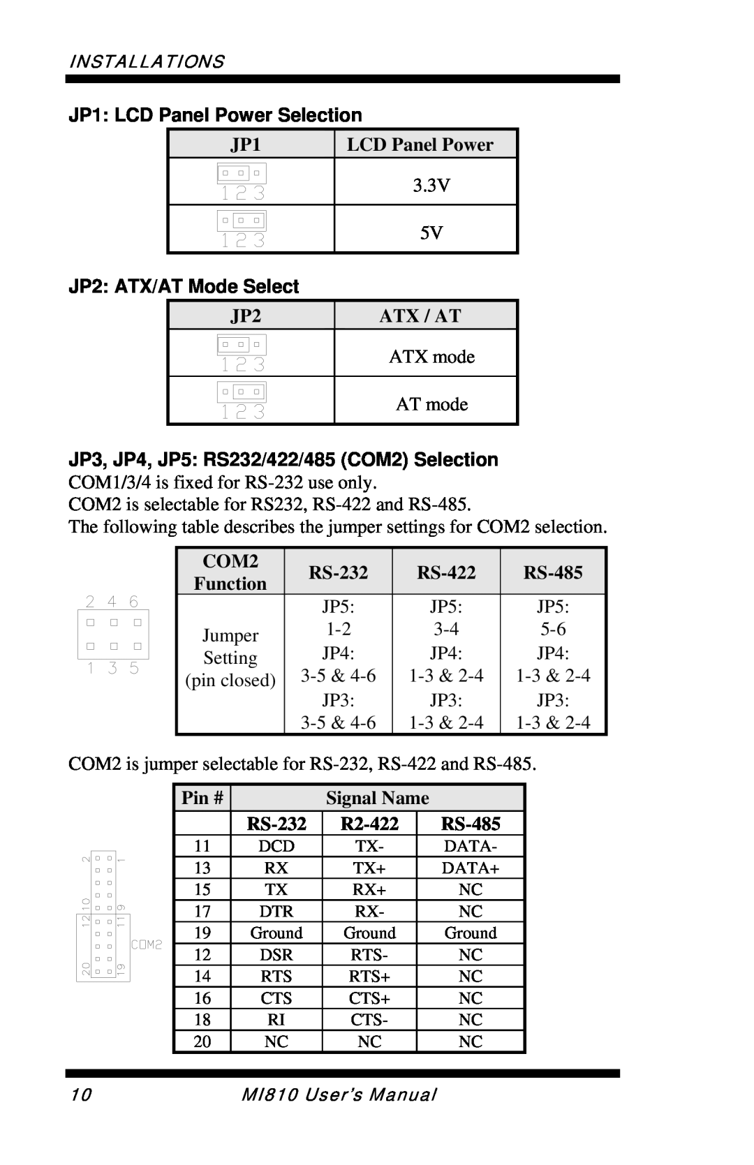 Intel MI810 JP1 LCD Panel Power Selection, JP2 ATX/AT Mode Select, Atx / At, COM2, RS-232, Function, RS-422, RS-485, Pin # 